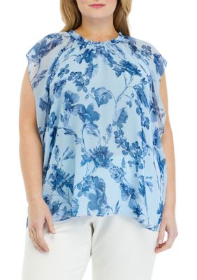 Calvin Klein Women's Plus Size Short Sleeve Crinkle Chiffon Printed Top, 1X
