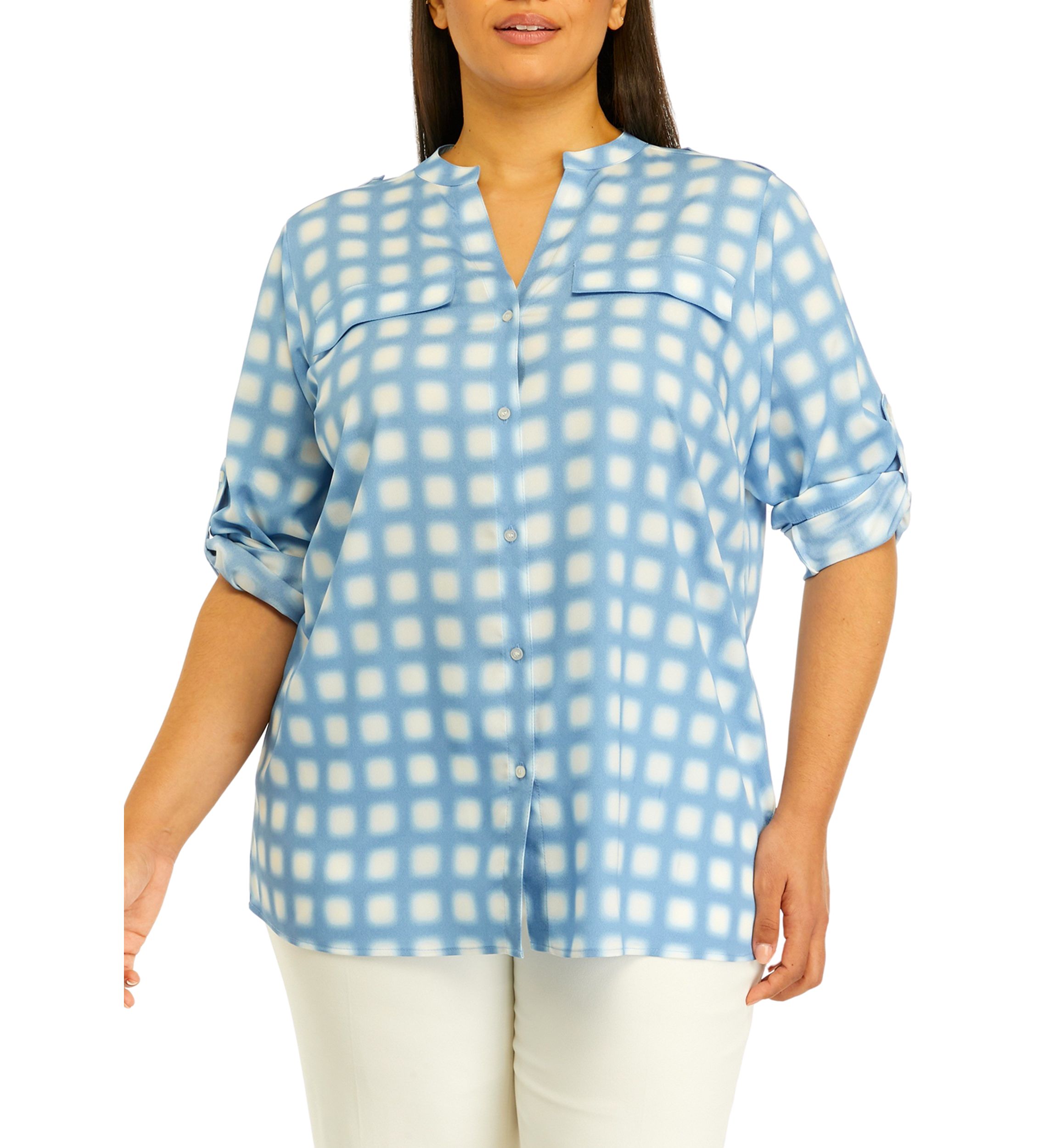 Plus Size Roll Tab Printed Shirt 
