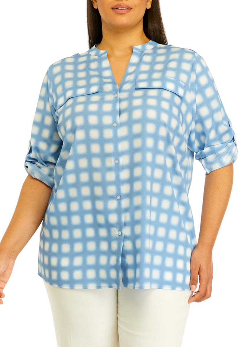 Plus Size Roll Tab Printed Shirt 