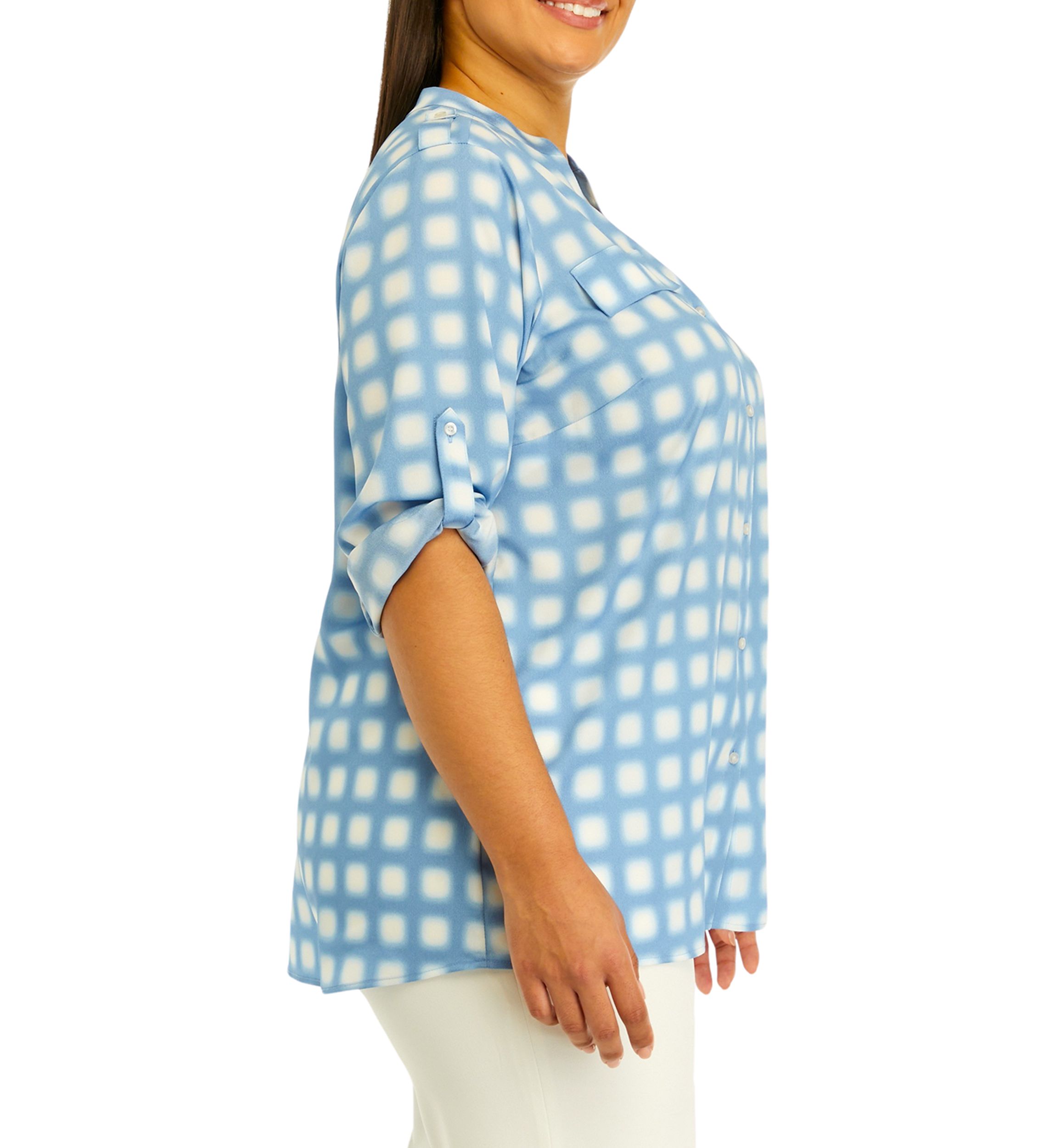 Plus Size Roll Tab Printed Shirt 