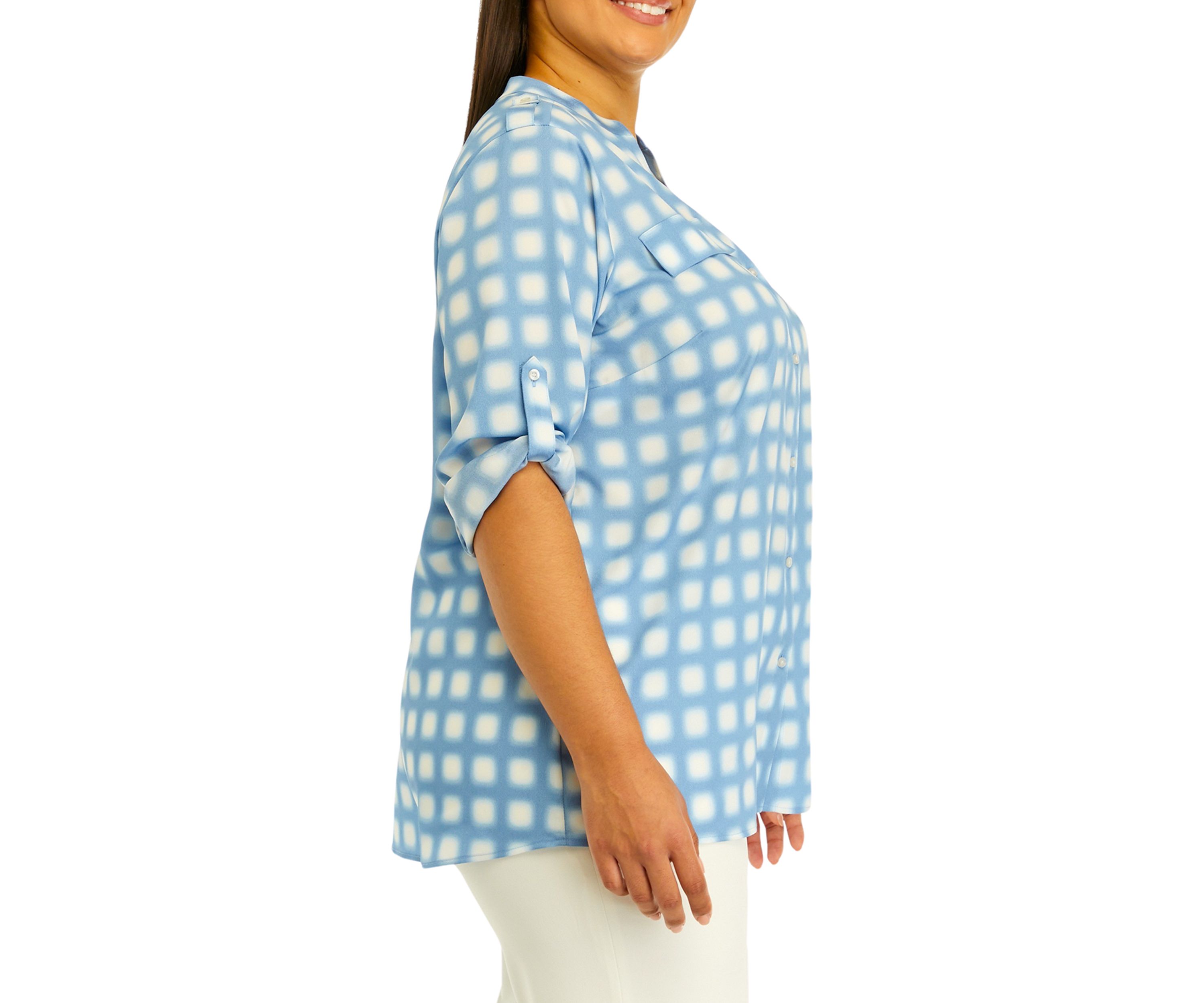 Plus Size Roll Tab Printed Shirt 