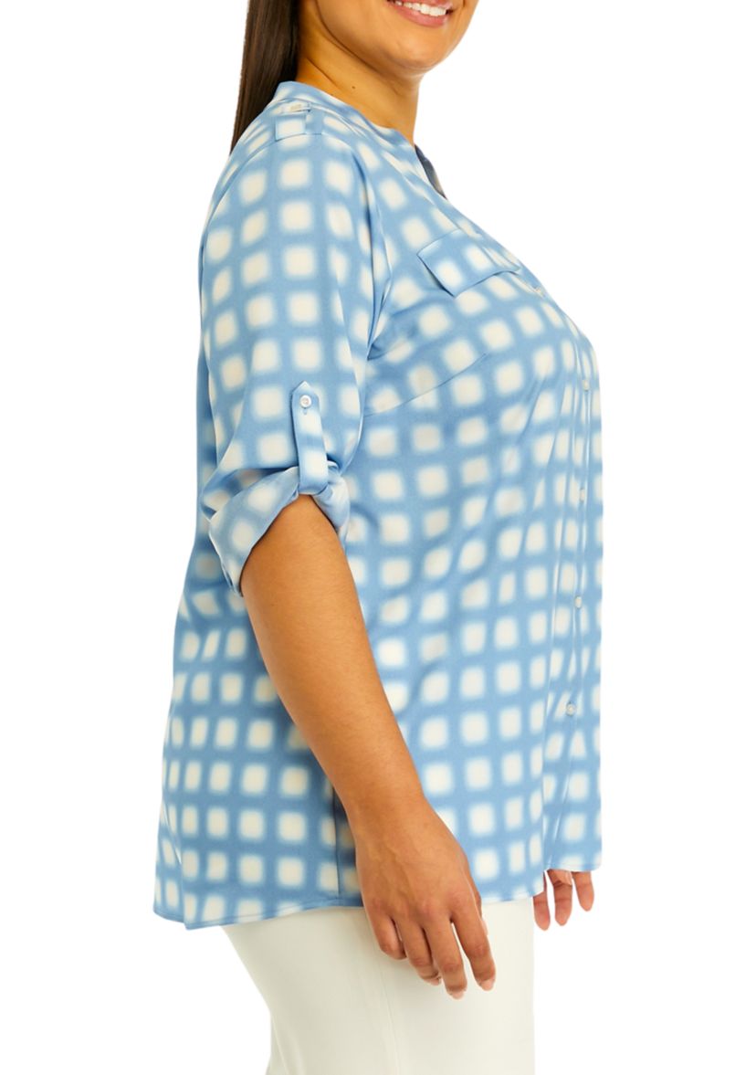 Plus Size Roll Tab Printed Shirt 