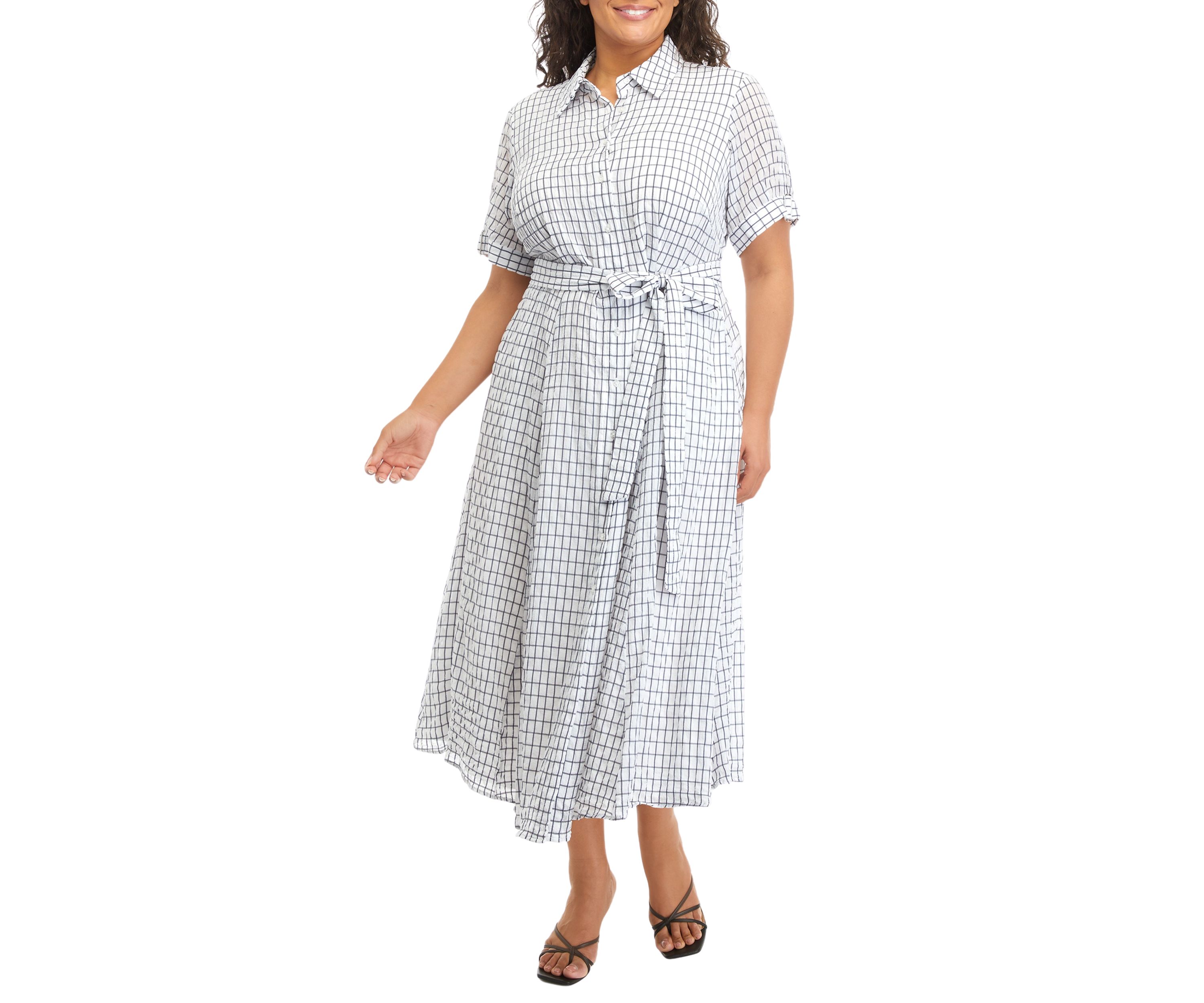 Plus Size Tie Waist Windowpane Dress