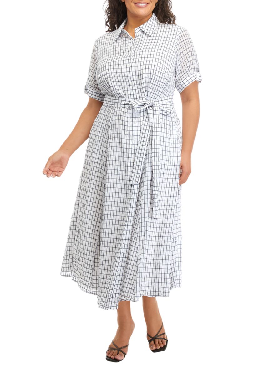 Plus Size Tie Waist Windowpane Dress