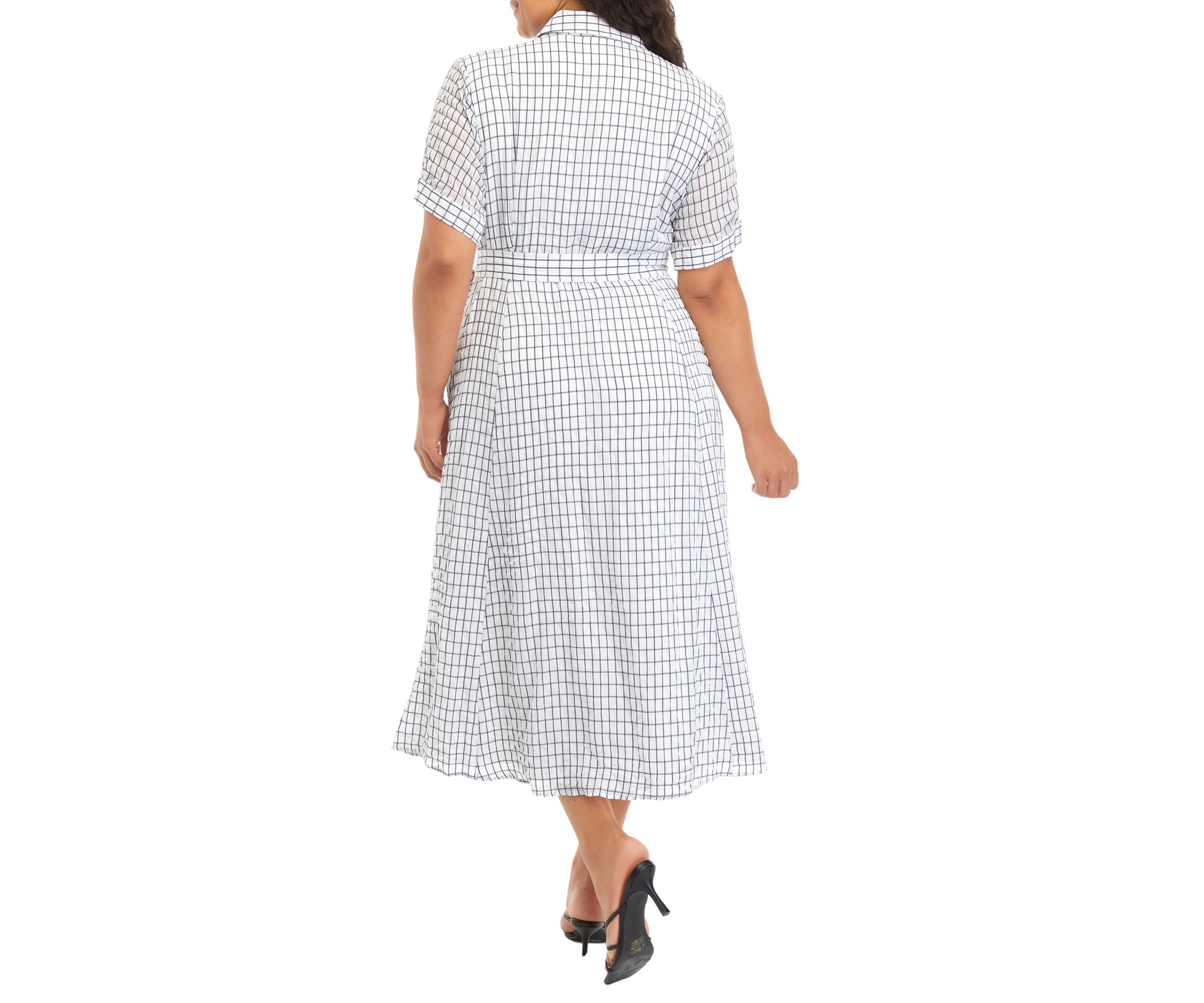 Plus Size Tie Waist Windowpane Dress
