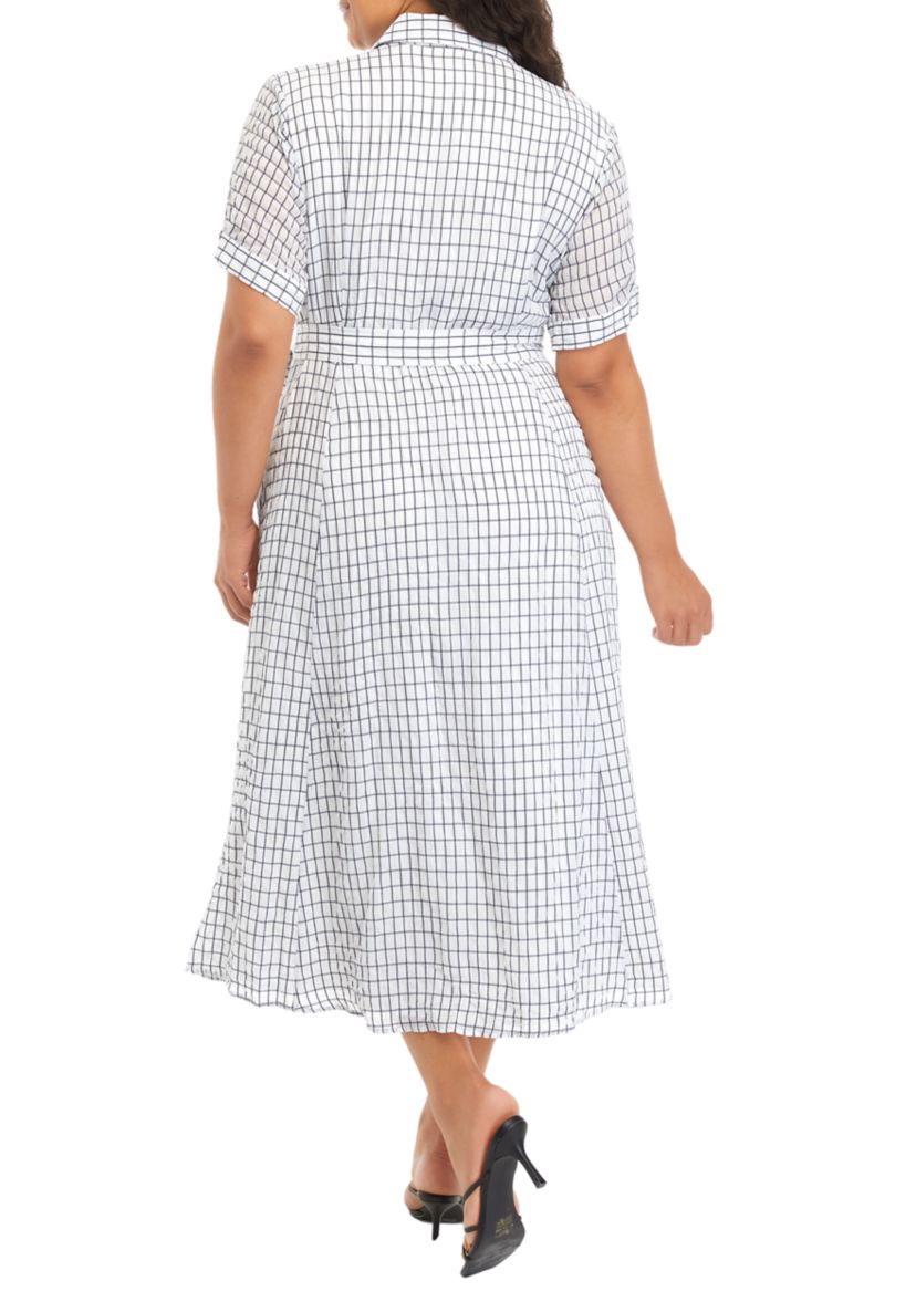 Plus Size Tie Waist Windowpane Dress