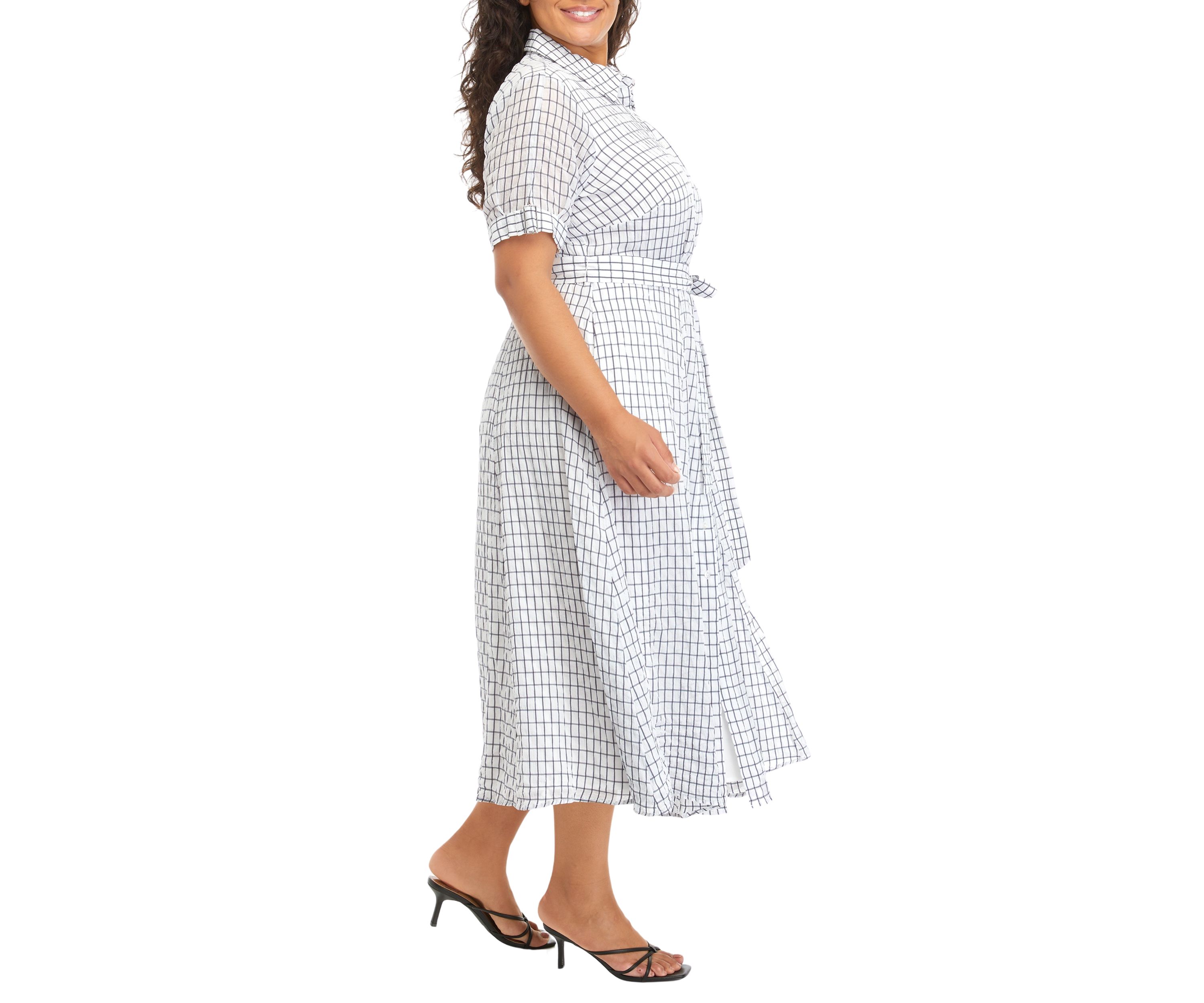 Plus Size Tie Waist Windowpane Dress