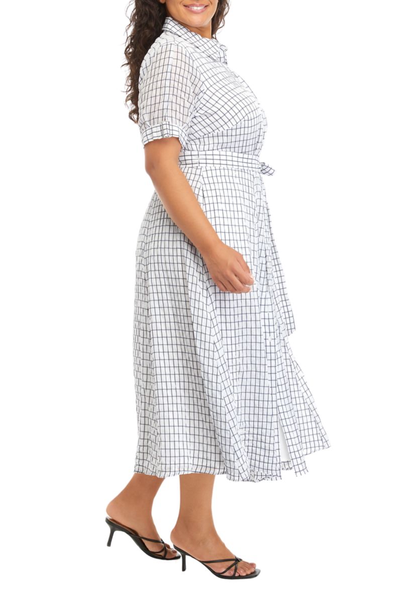 Plus Size Tie Waist Windowpane Dress