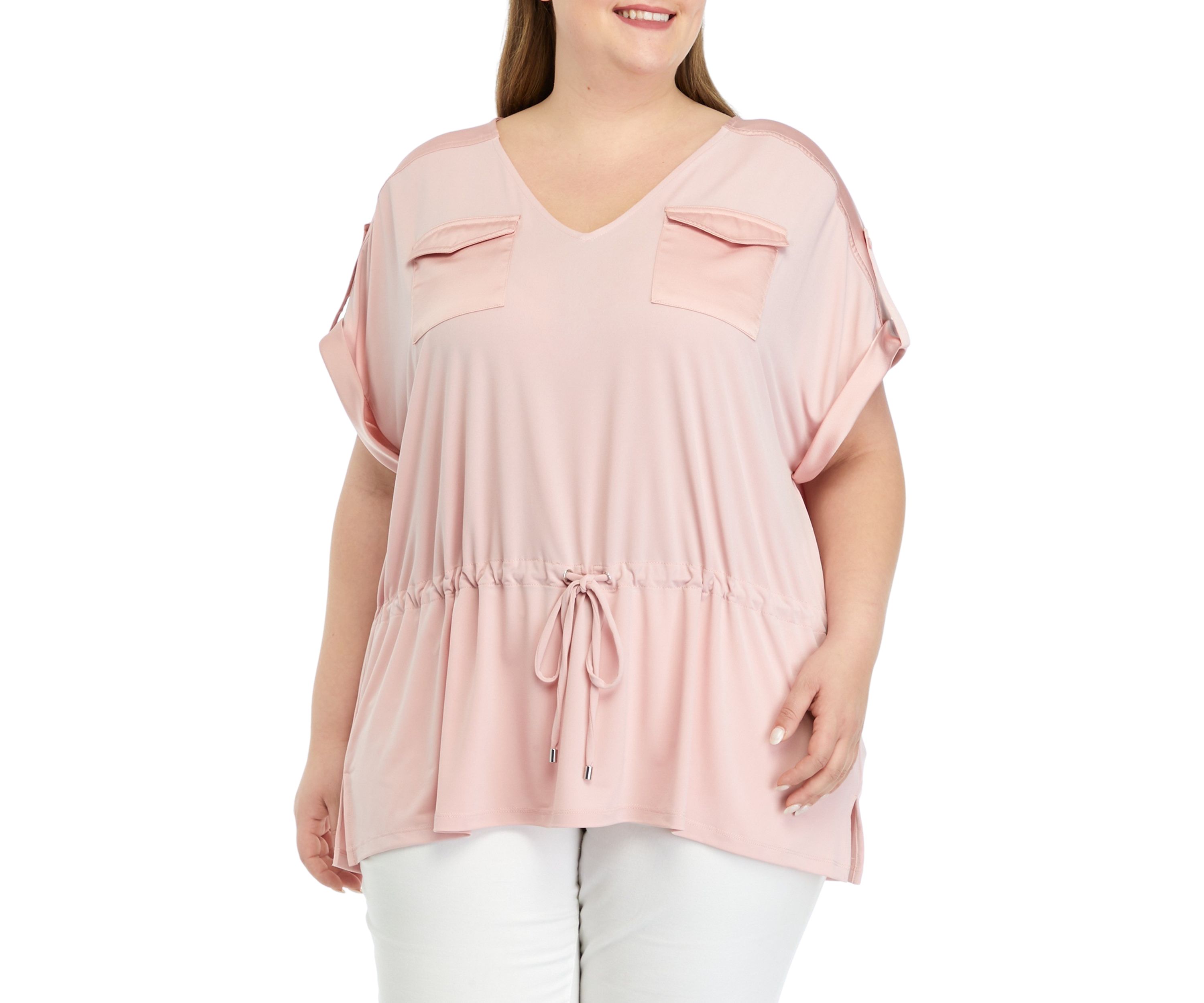 Plus Size Short Sleeve Stretch Crepe V-Neck Tie Waist Top