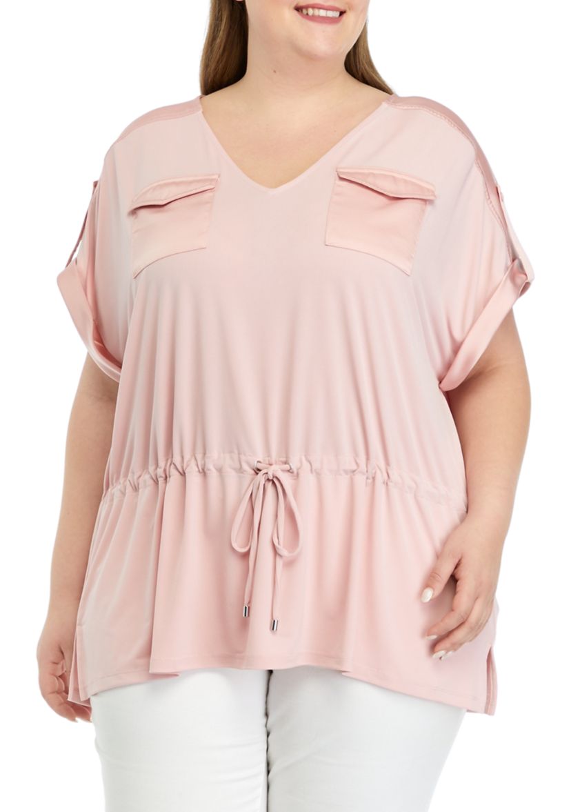 Plus Size Short Sleeve Stretch Crepe V-Neck Tie Waist Top