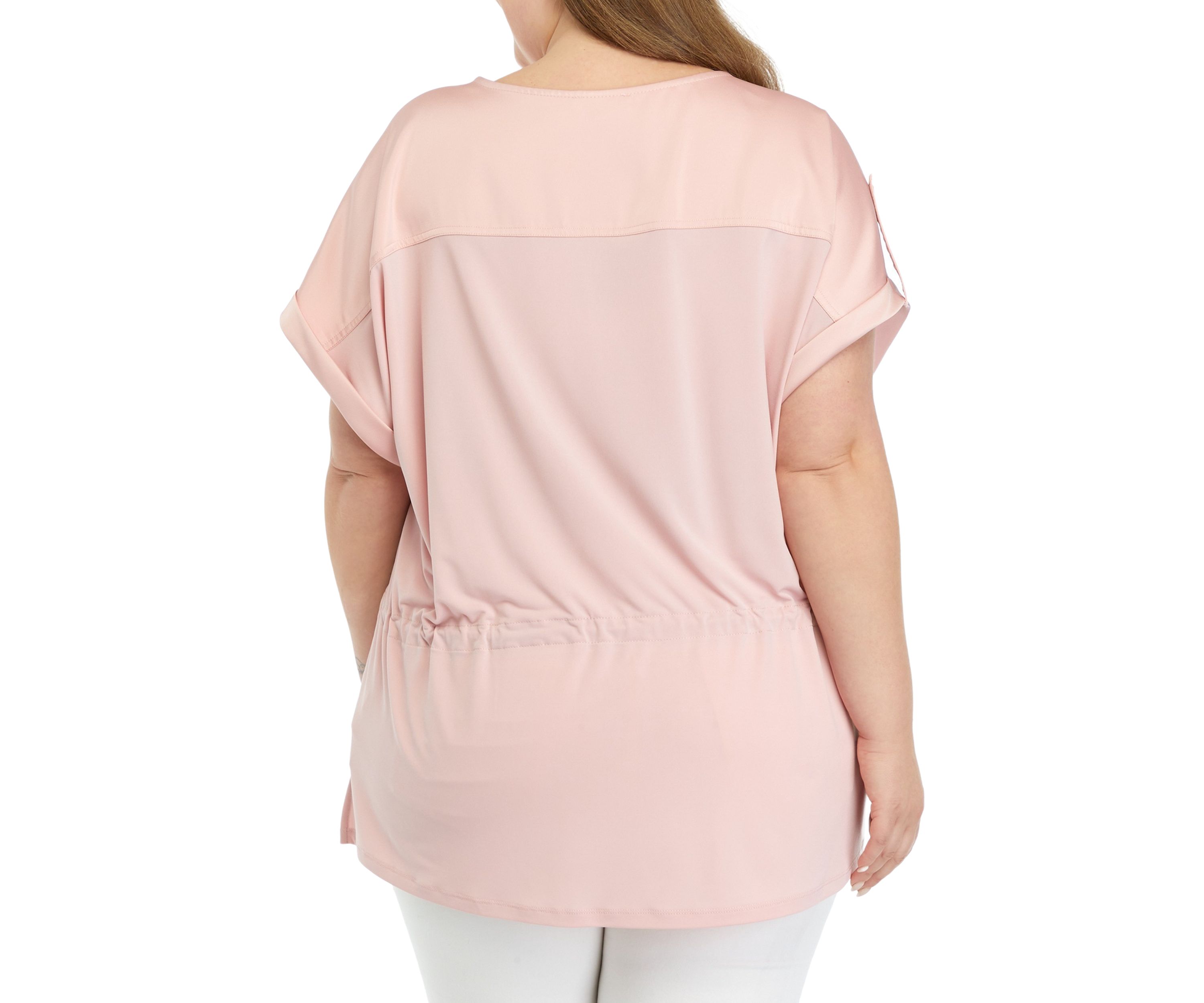 Plus Size Short Sleeve Stretch Crepe V-Neck Tie Waist Top