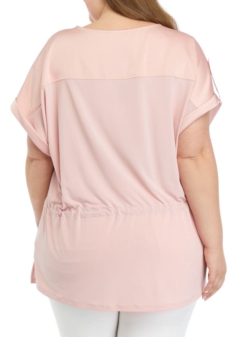 Plus Size Short Sleeve Stretch Crepe V-Neck Tie Waist Top