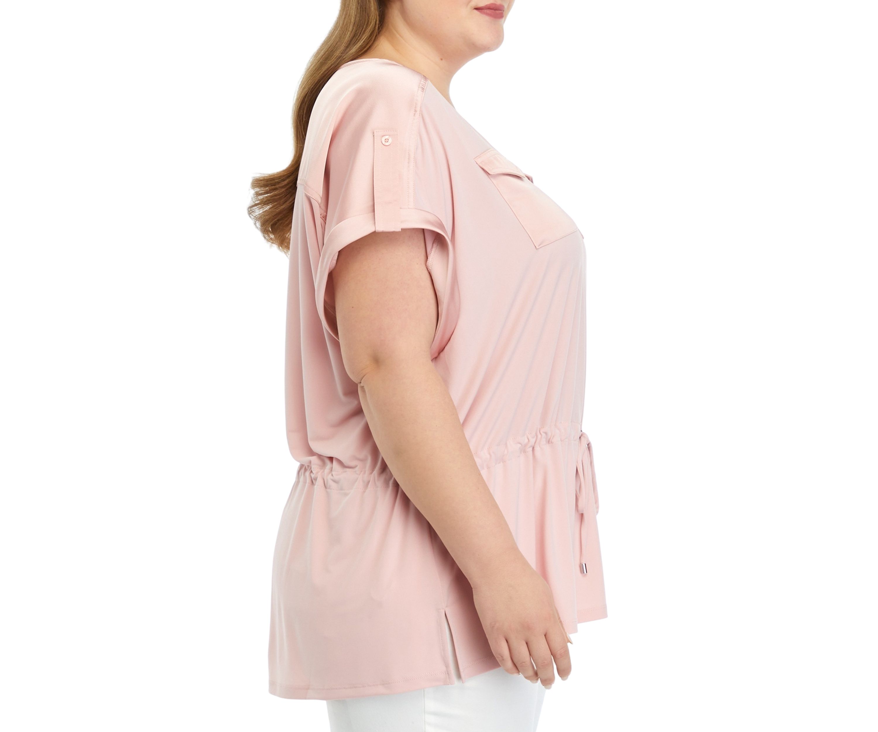 Plus Size Short Sleeve Stretch Crepe V-Neck Tie Waist Top