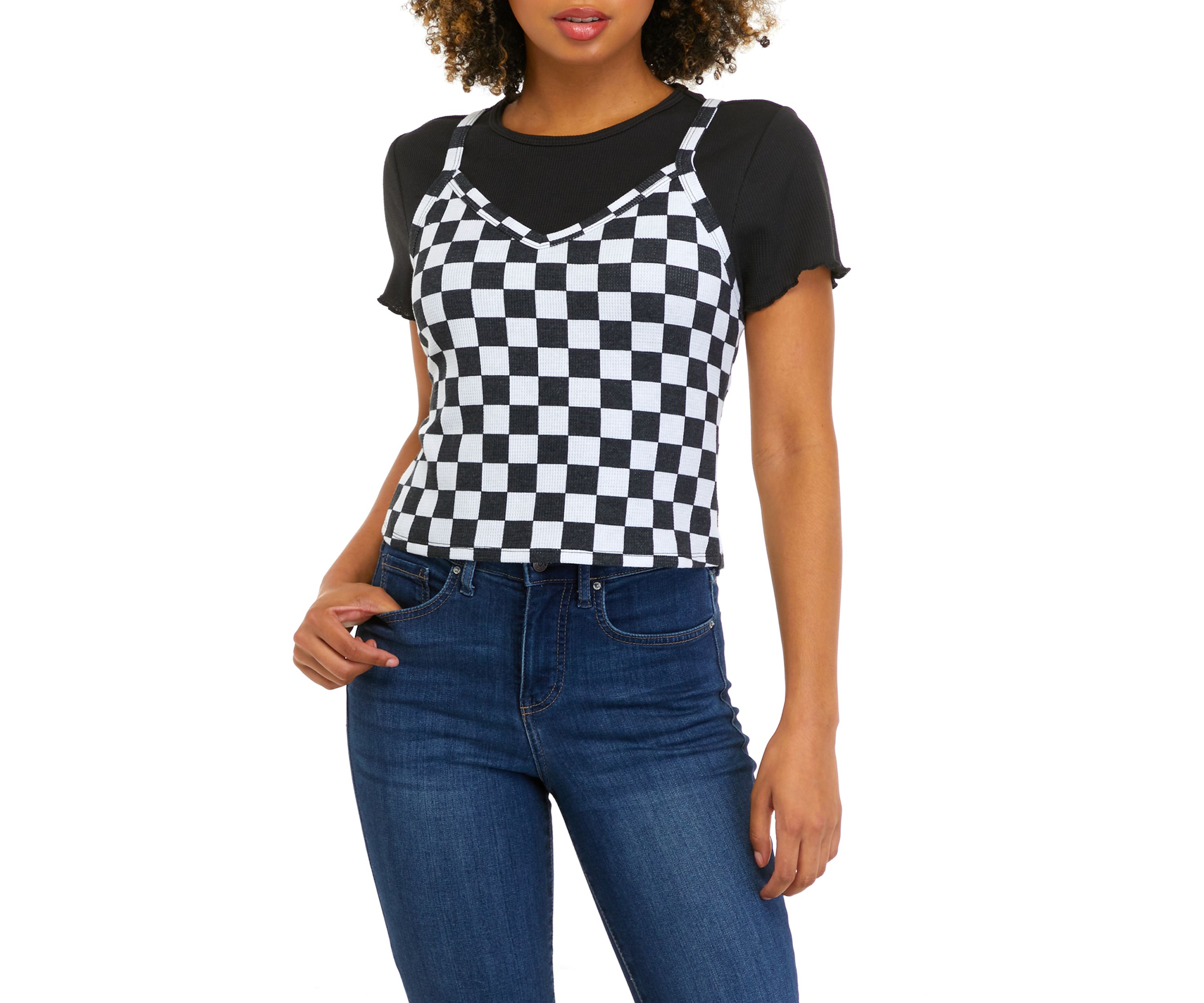 Juniors Short Sleeve 2Fer Knit Top 