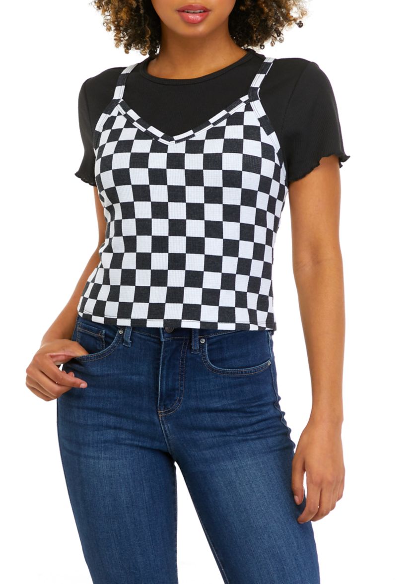 Juniors Short Sleeve 2Fer Knit Top 