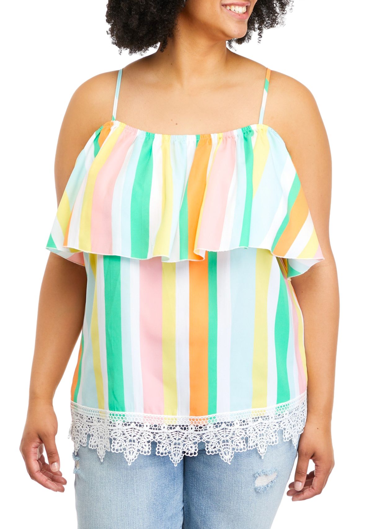 Plus Size Striped Off the Shoulder Flutter Top