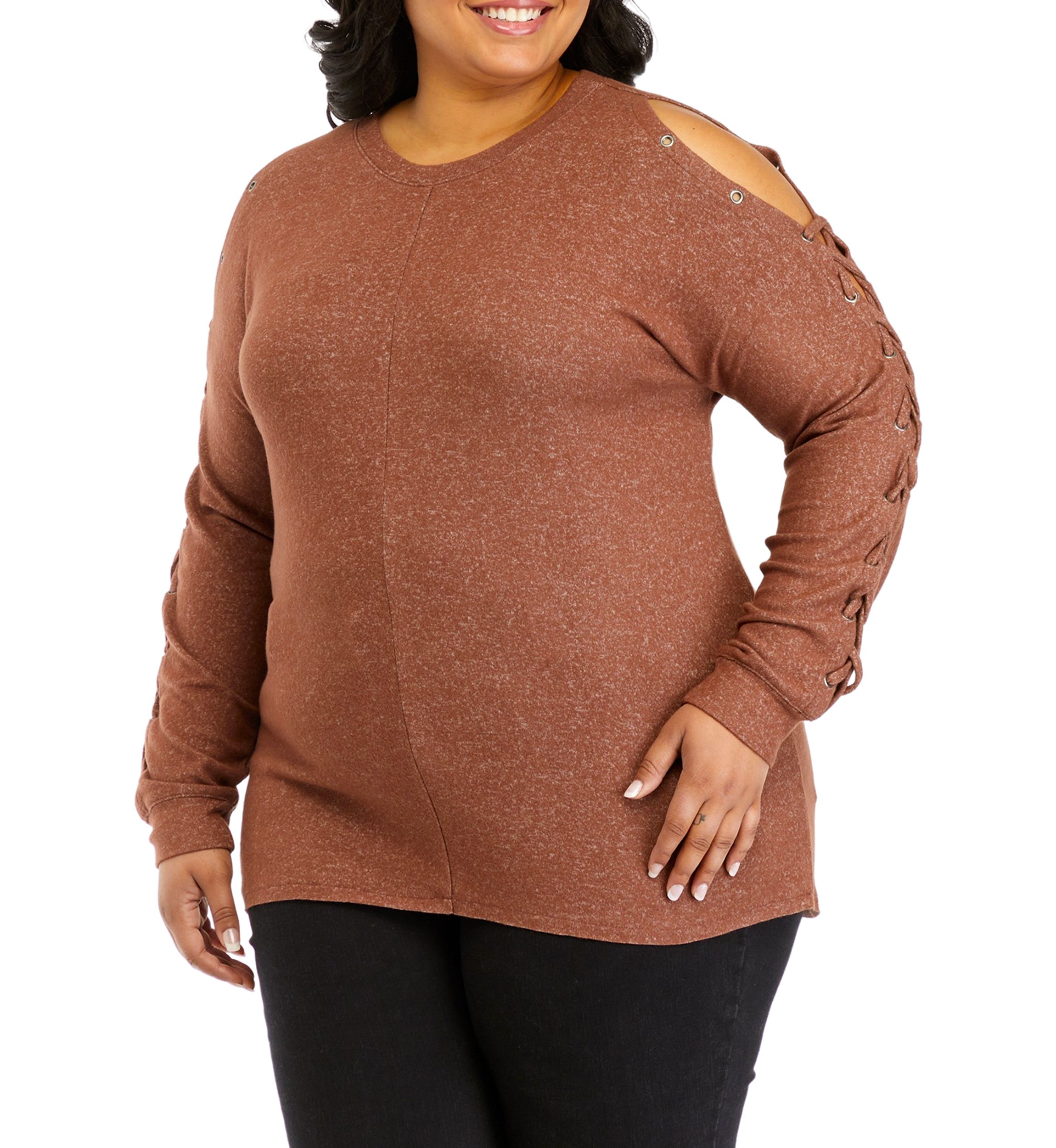 Plus Size Long Sleeve Cold Shoulder Grommet Top