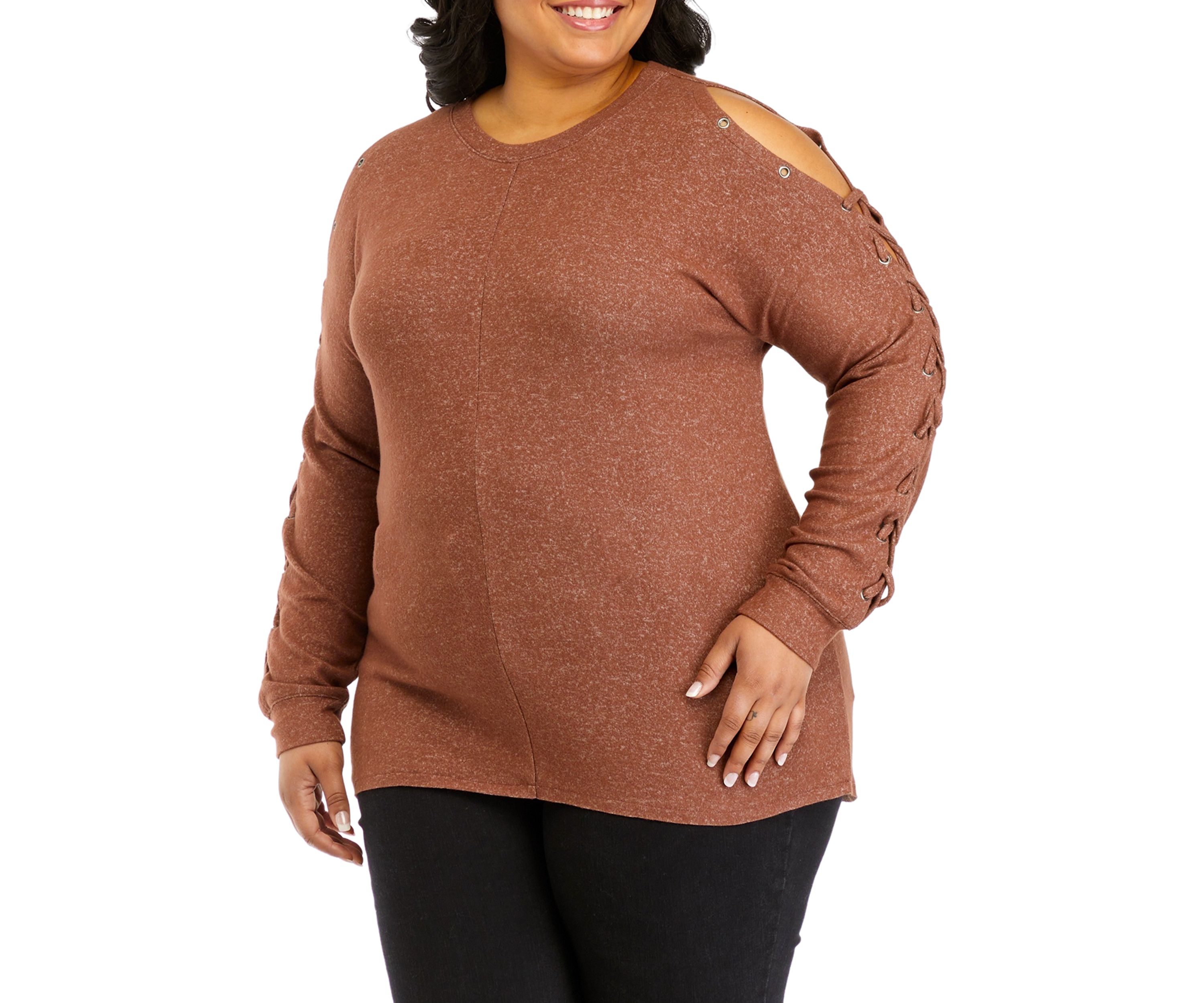 Plus Size Long Sleeve Cold Shoulder Grommet Top