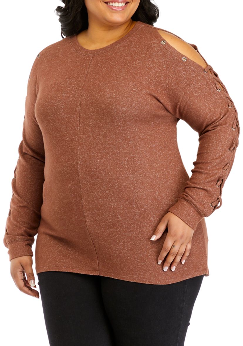 Plus Size Long Sleeve Cold Shoulder Grommet Top