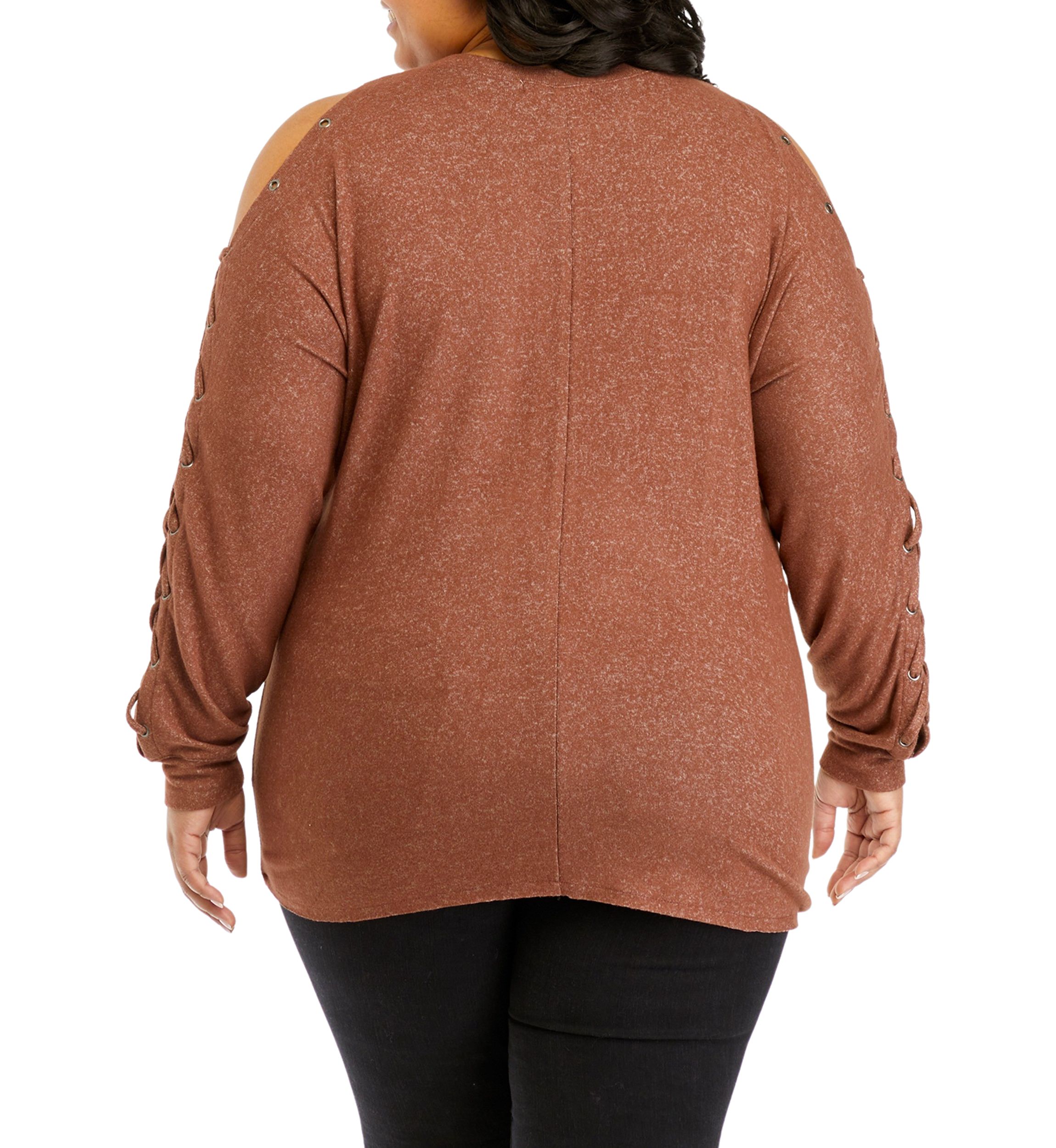 Plus Size Long Sleeve Cold Shoulder Grommet Top