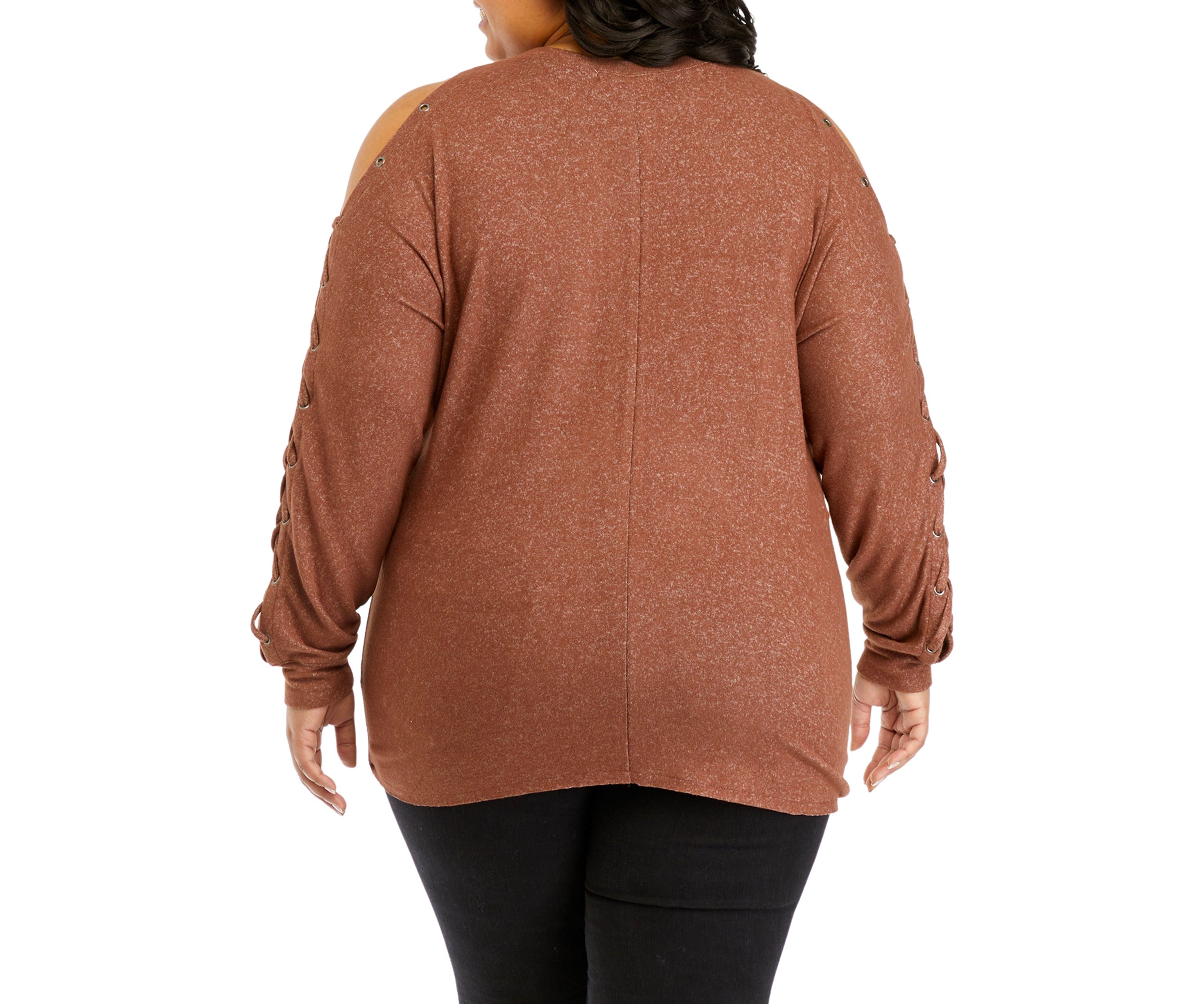 Plus Size Long Sleeve Cold Shoulder Grommet Top