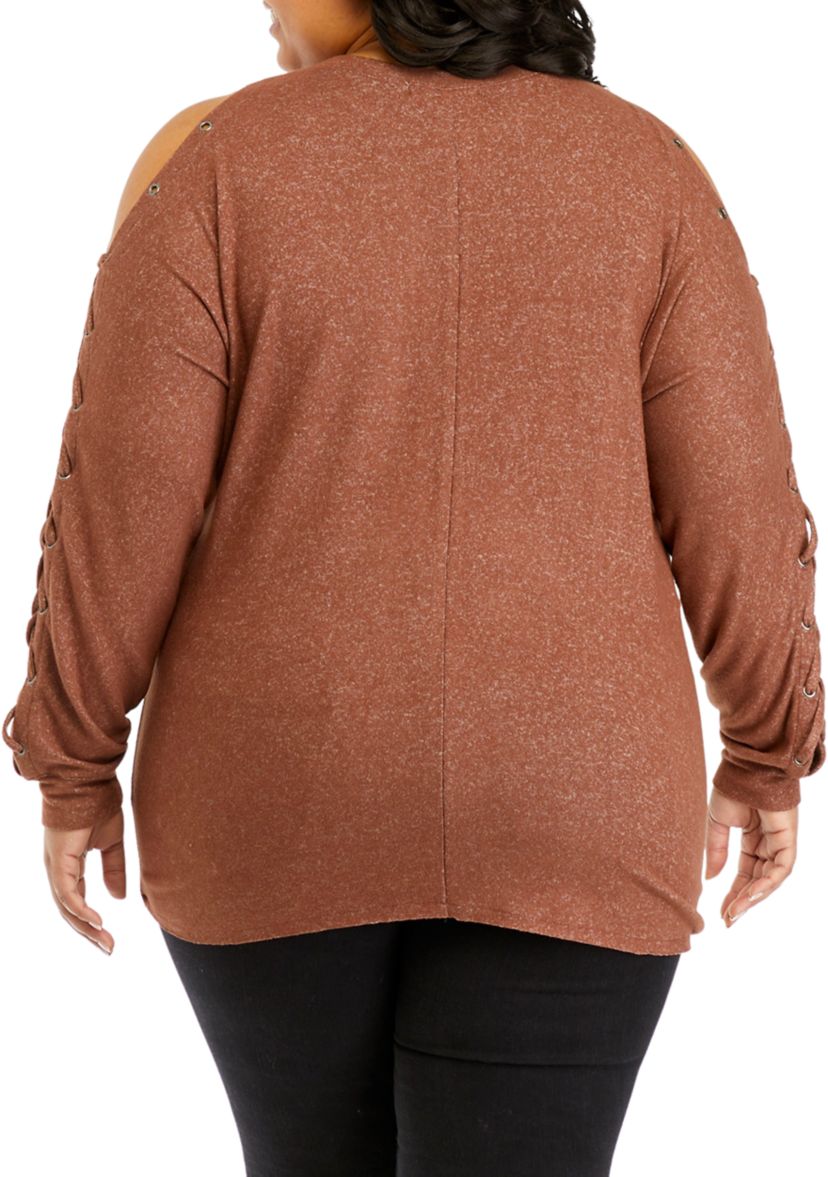 Plus Size Long Sleeve Cold Shoulder Grommet Top