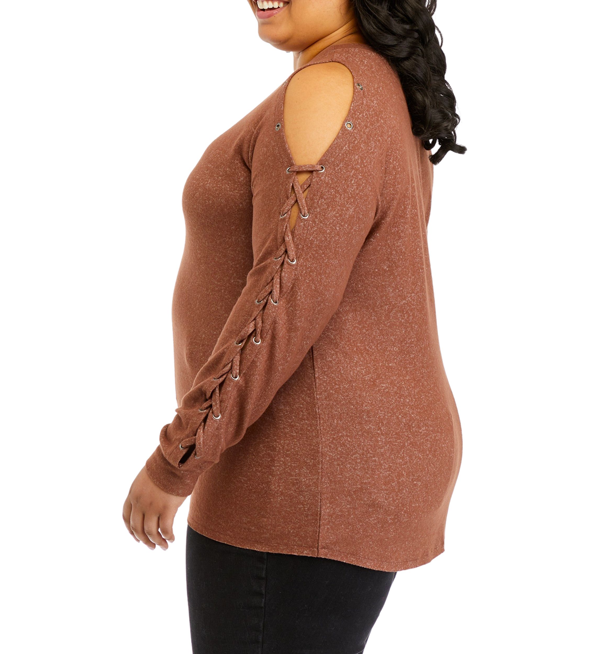 Plus Size Long Sleeve Cold Shoulder Grommet Top