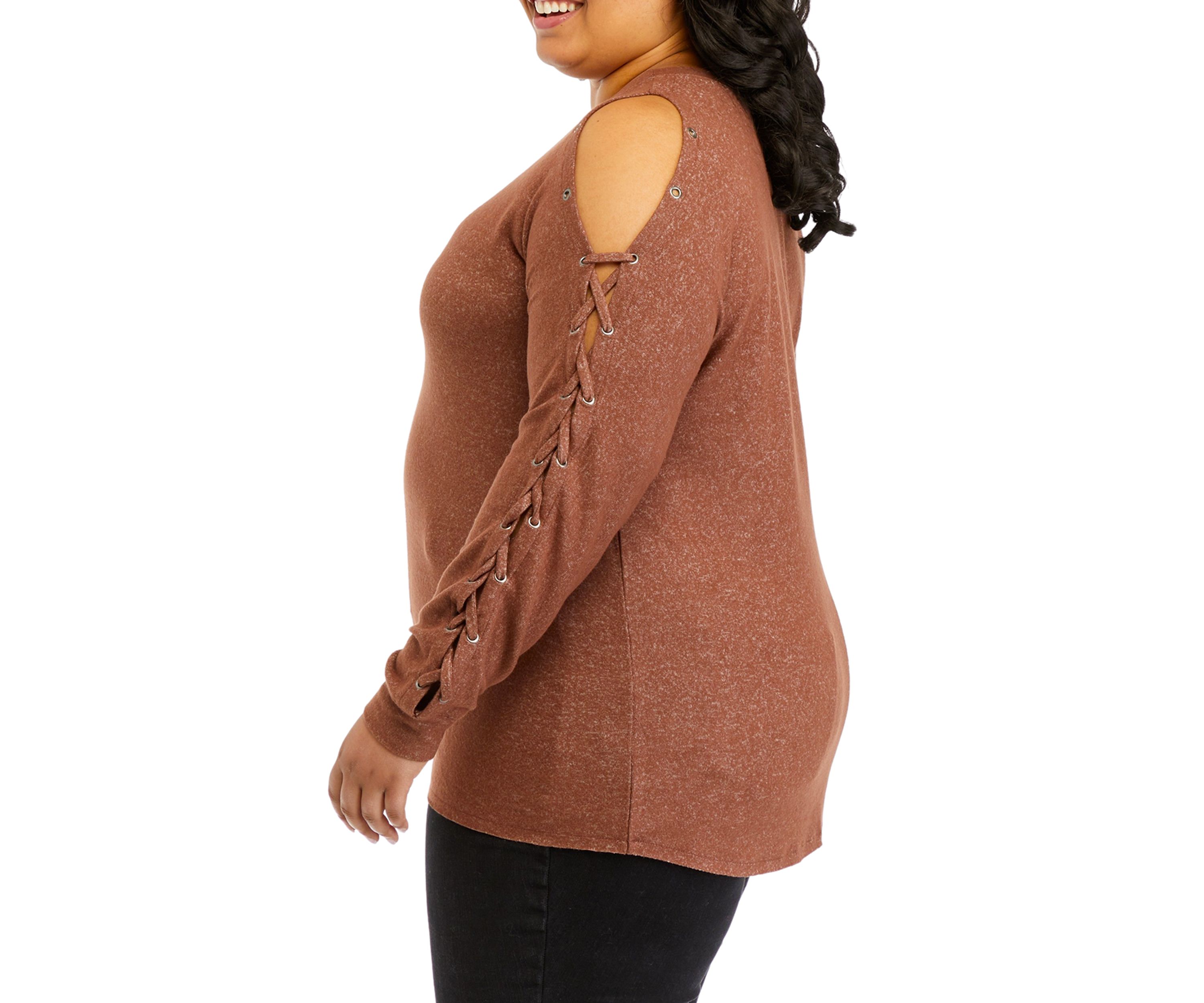 Plus Size Long Sleeve Cold Shoulder Grommet Top