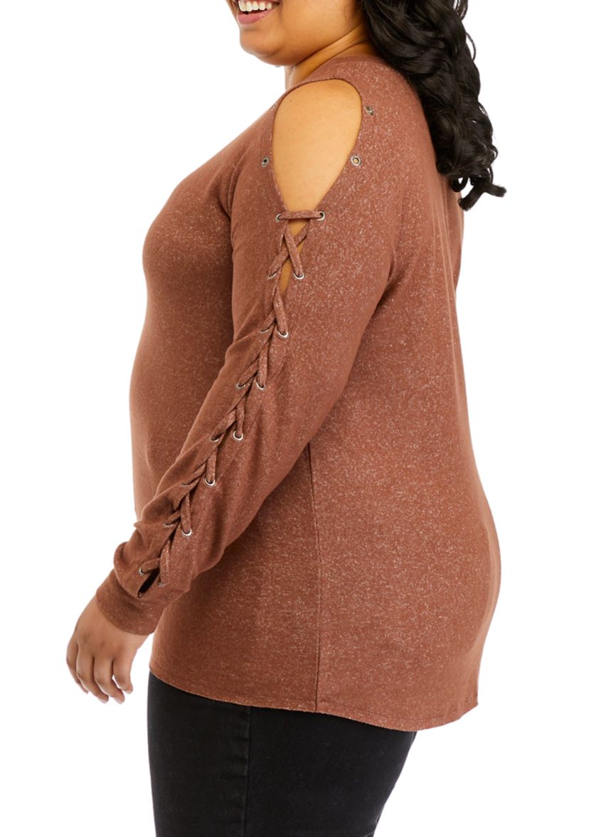 Plus Size Long Sleeve Cold Shoulder Grommet Top