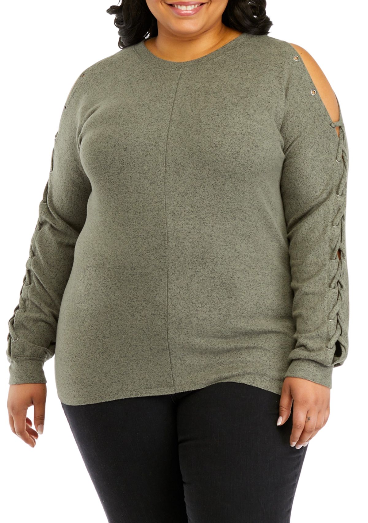 Plus Size Long Sleeve Cold Shoulder Grommet Top