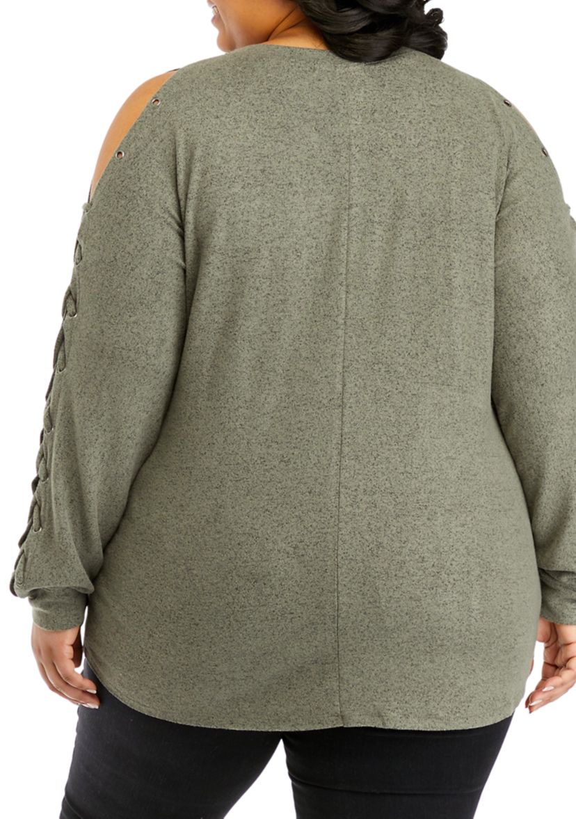 Plus Size Long Sleeve Cold Shoulder Grommet Top