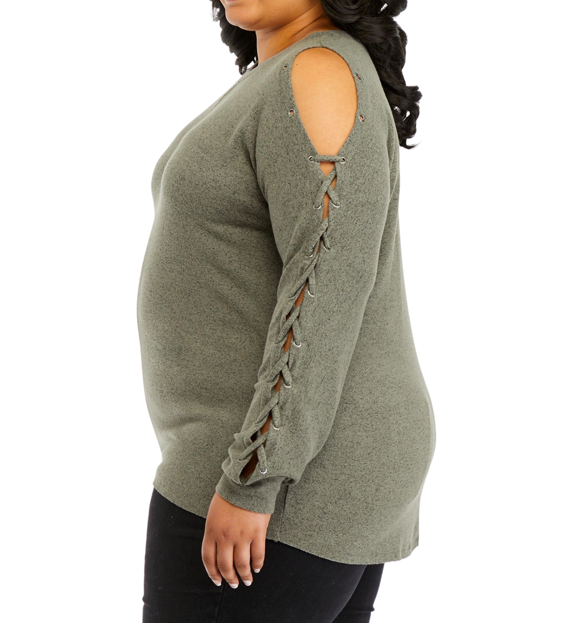 Plus Size Long Sleeve Cold Shoulder Grommet Top