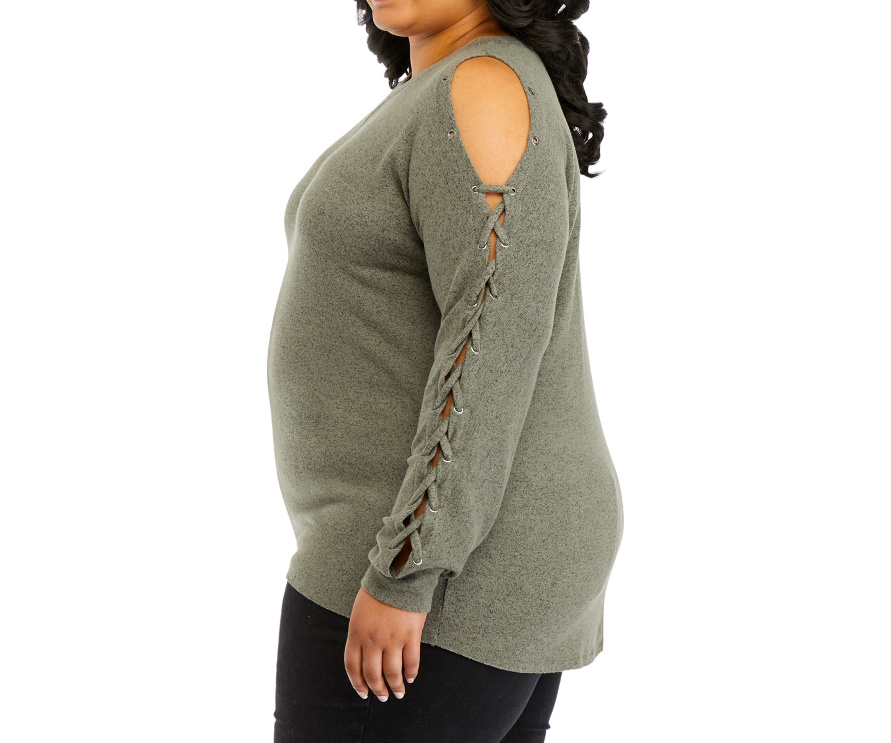 Plus Size Long Sleeve Cold Shoulder Grommet Top