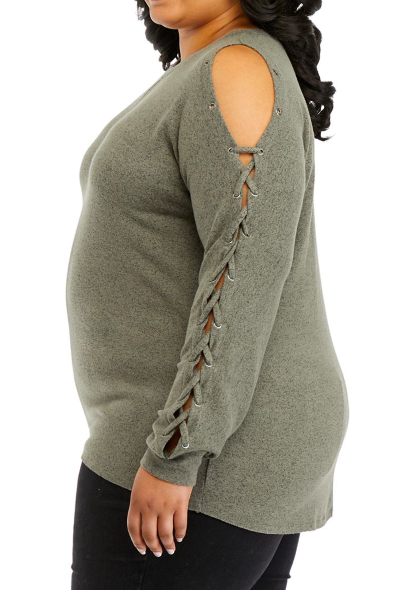 Plus Size Long Sleeve Cold Shoulder Grommet Top