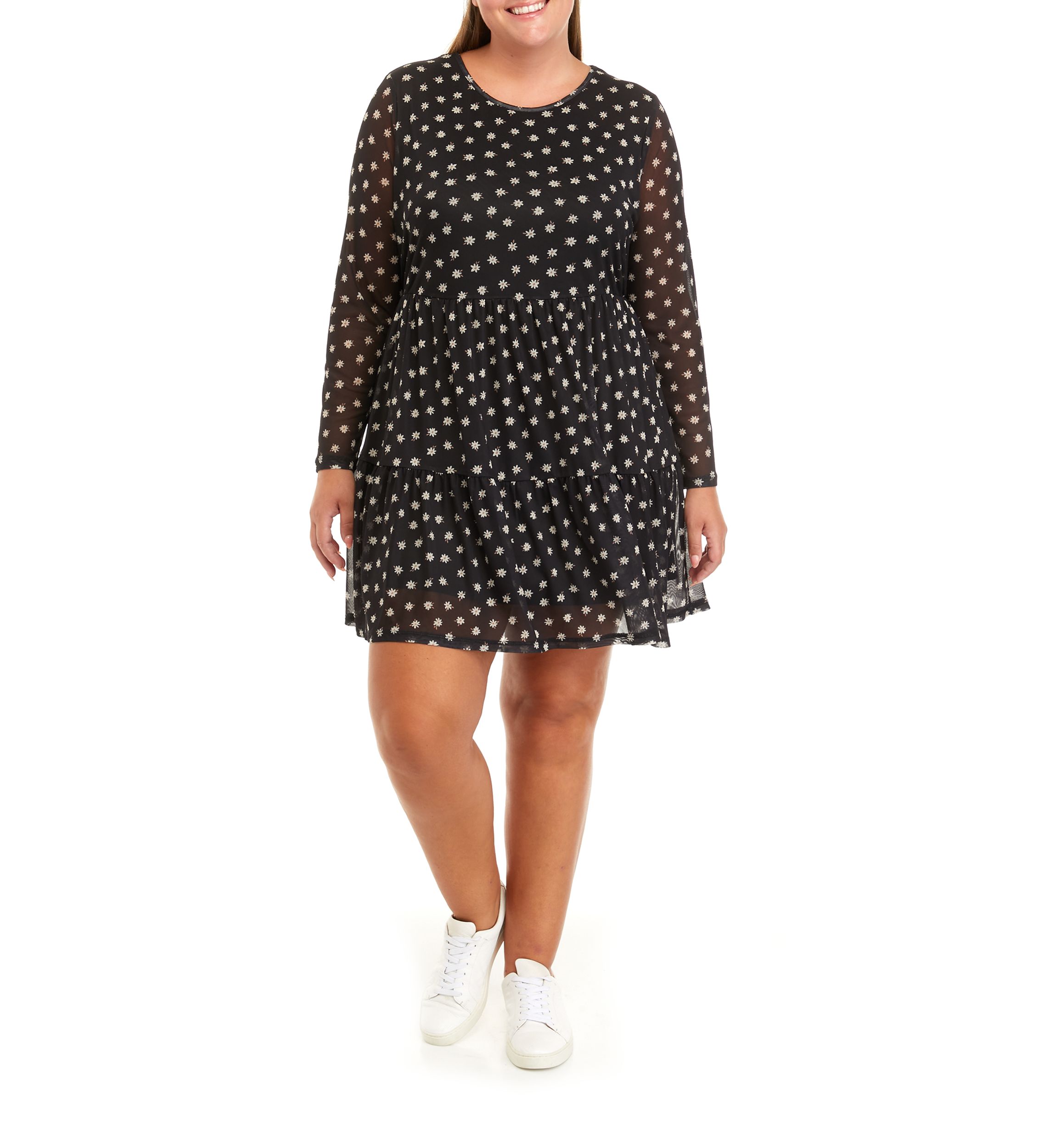 Plus Size Long Sleeve Babydoll Mesh Dress