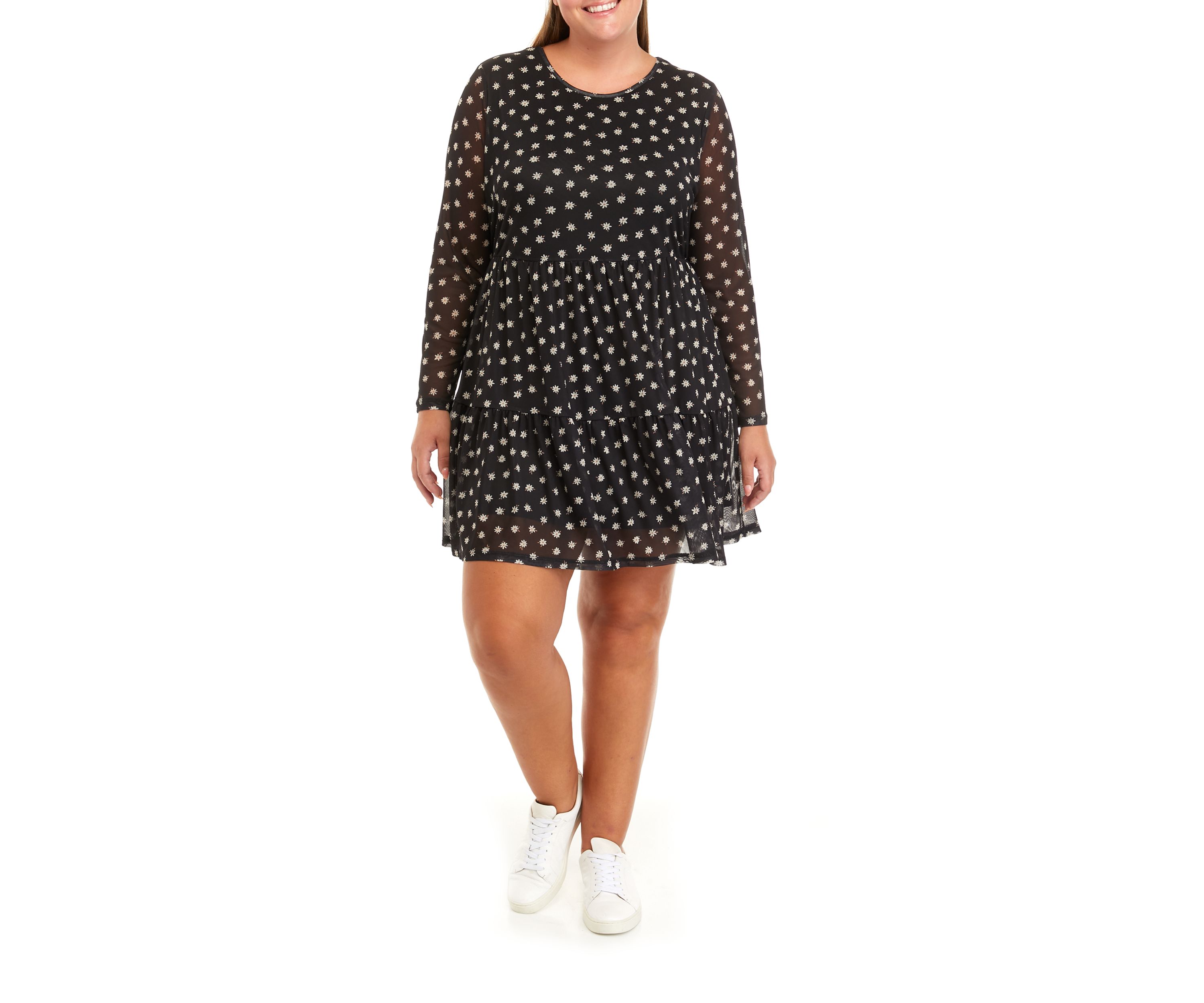 Plus Size Long Sleeve Babydoll Mesh Dress