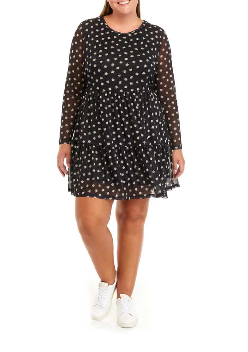 Plus Size Long Sleeve Babydoll Mesh Dress