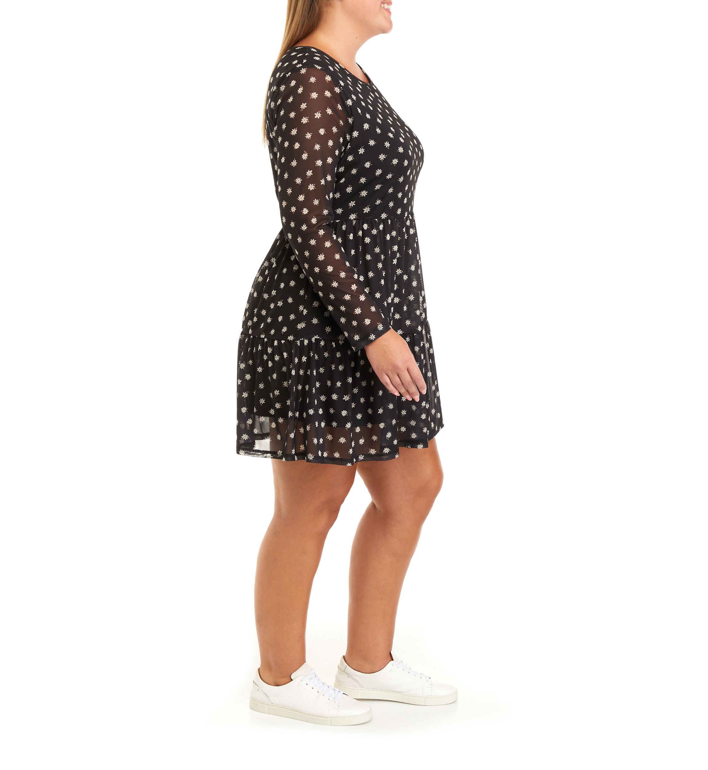 Plus Size Long Sleeve Babydoll Mesh Dress