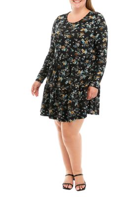 love, Fire Women’s Plus Size Long Sleeve Yummy Babydoll Dress, Black, 0X