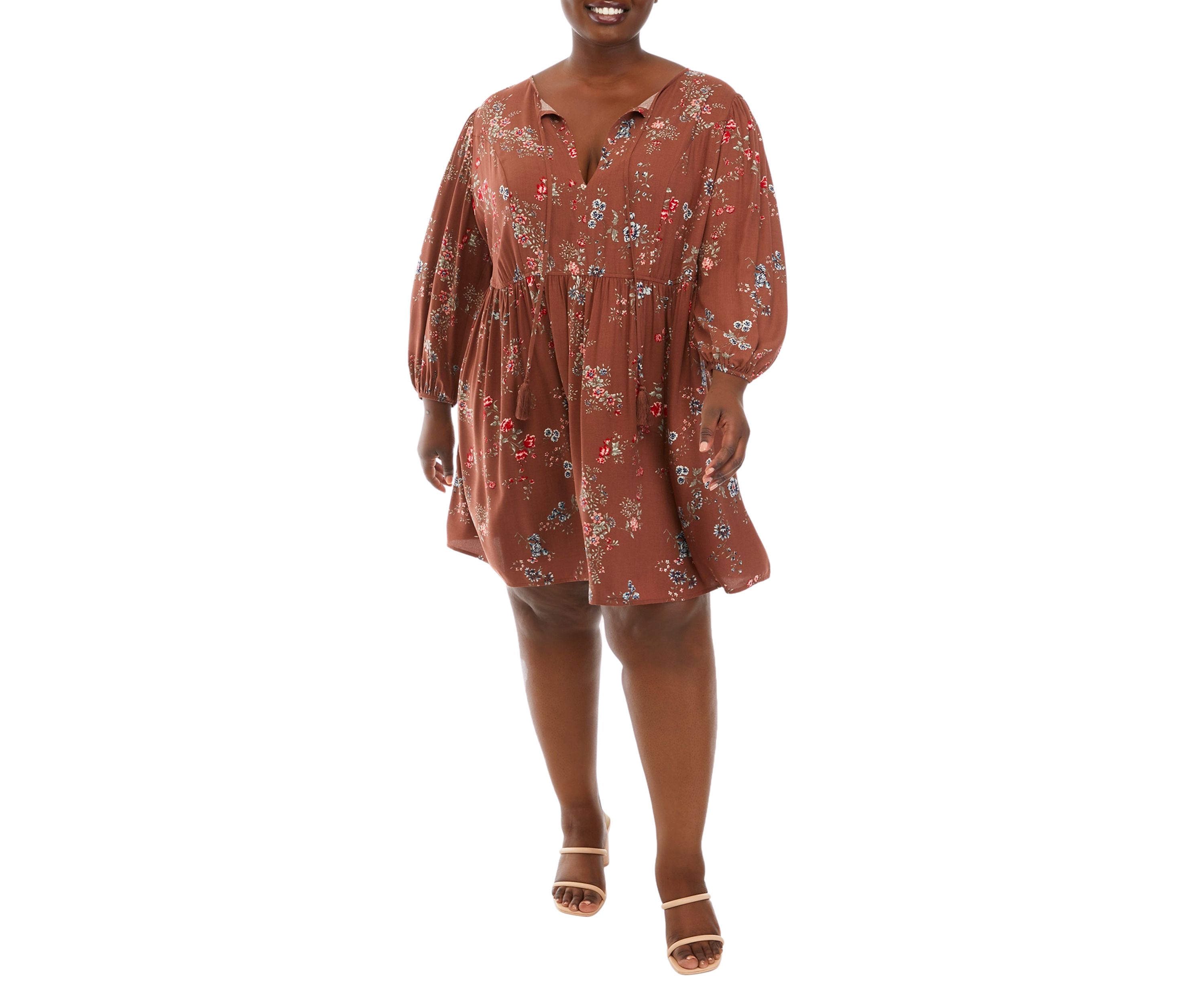 Plus Size 3/4 Blouson Sleeve Floral Babydoll Dress