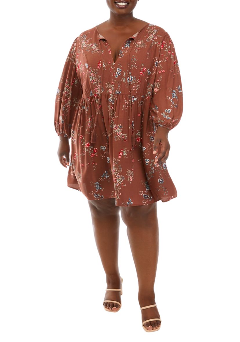 Plus Size 3/4 Blouson Sleeve Floral Babydoll Dress