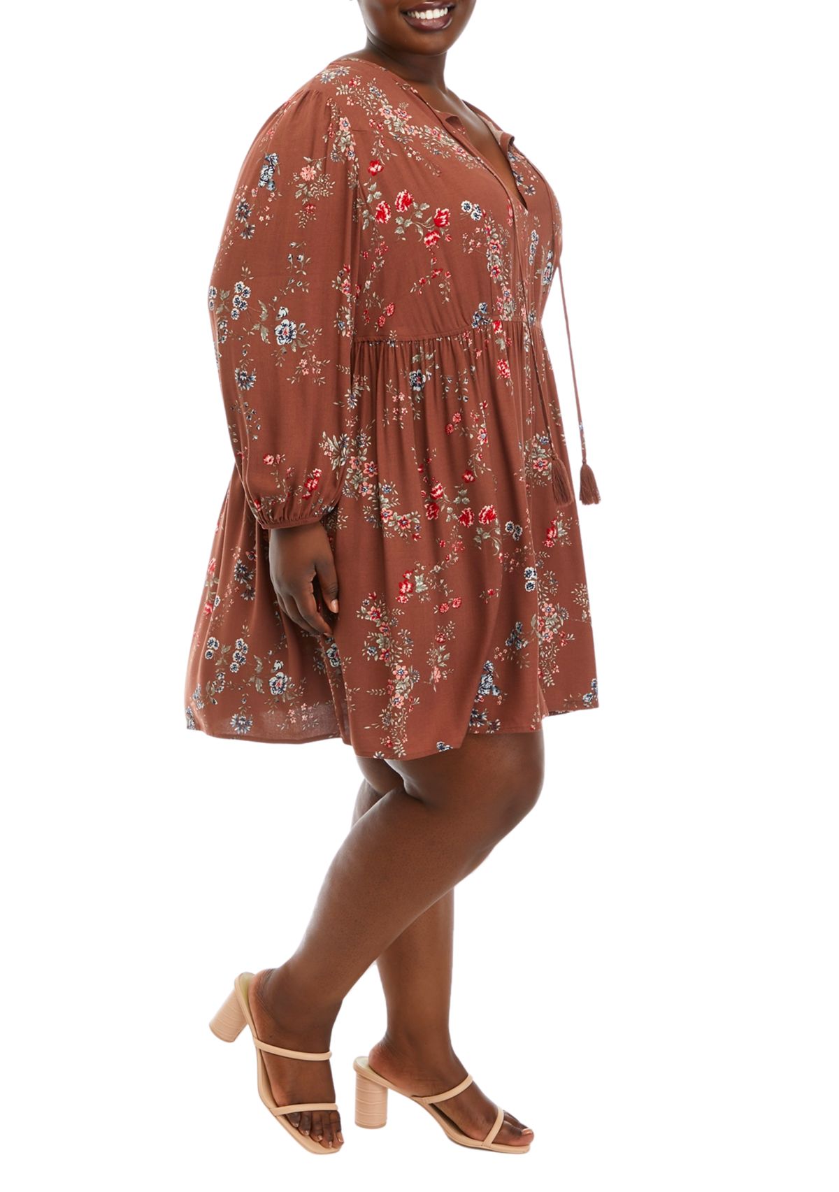 Plus Size 3/4 Blouson Sleeve Floral Babydoll Dress