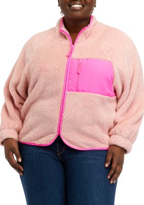 love, Fire Women's Plus Size Long Sleeve Zip Up Jacket with Pockets, Pink, 0X
