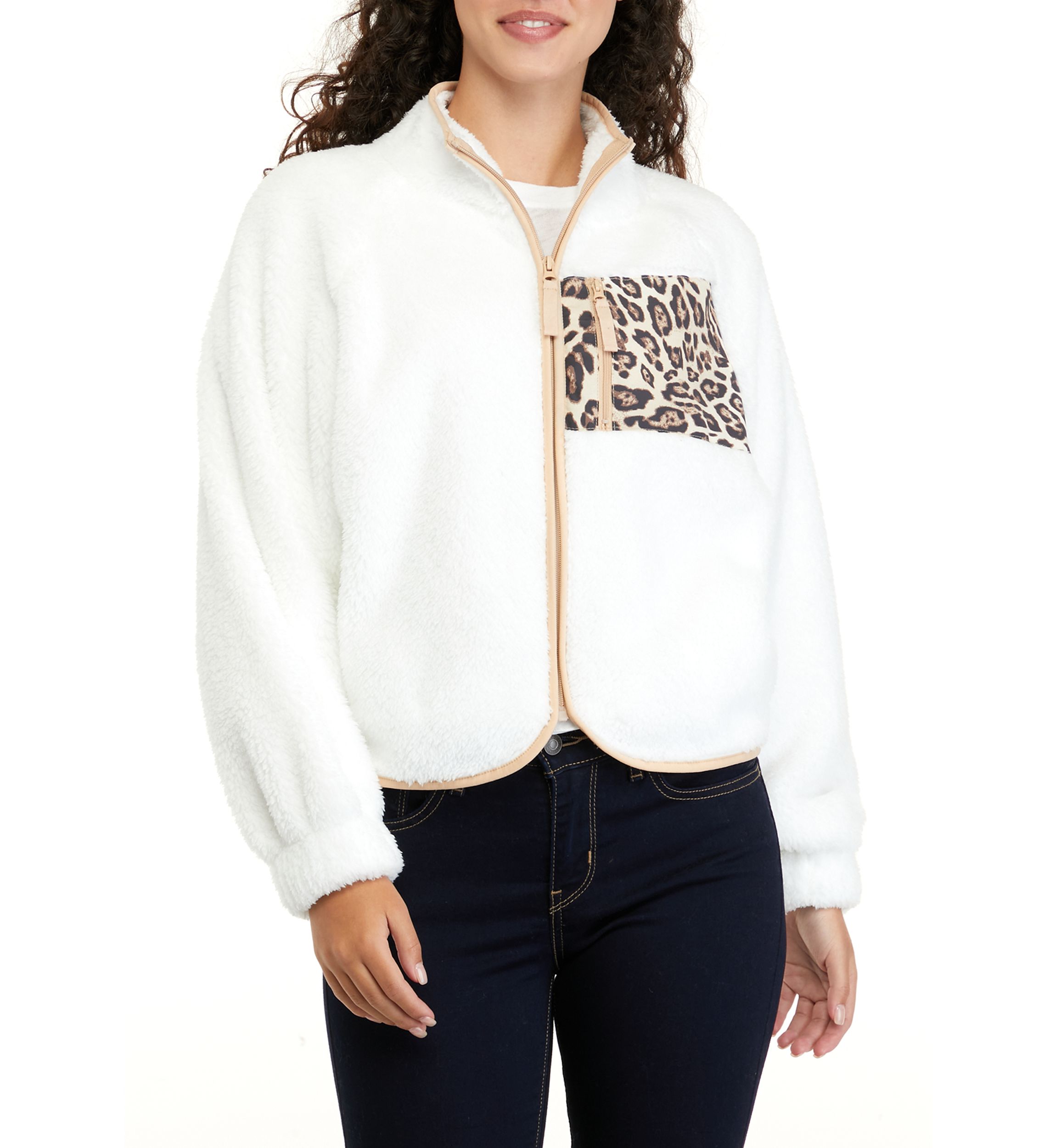 Juniors Balloon Sleeve Zip Up Jacket with Printed Pocket