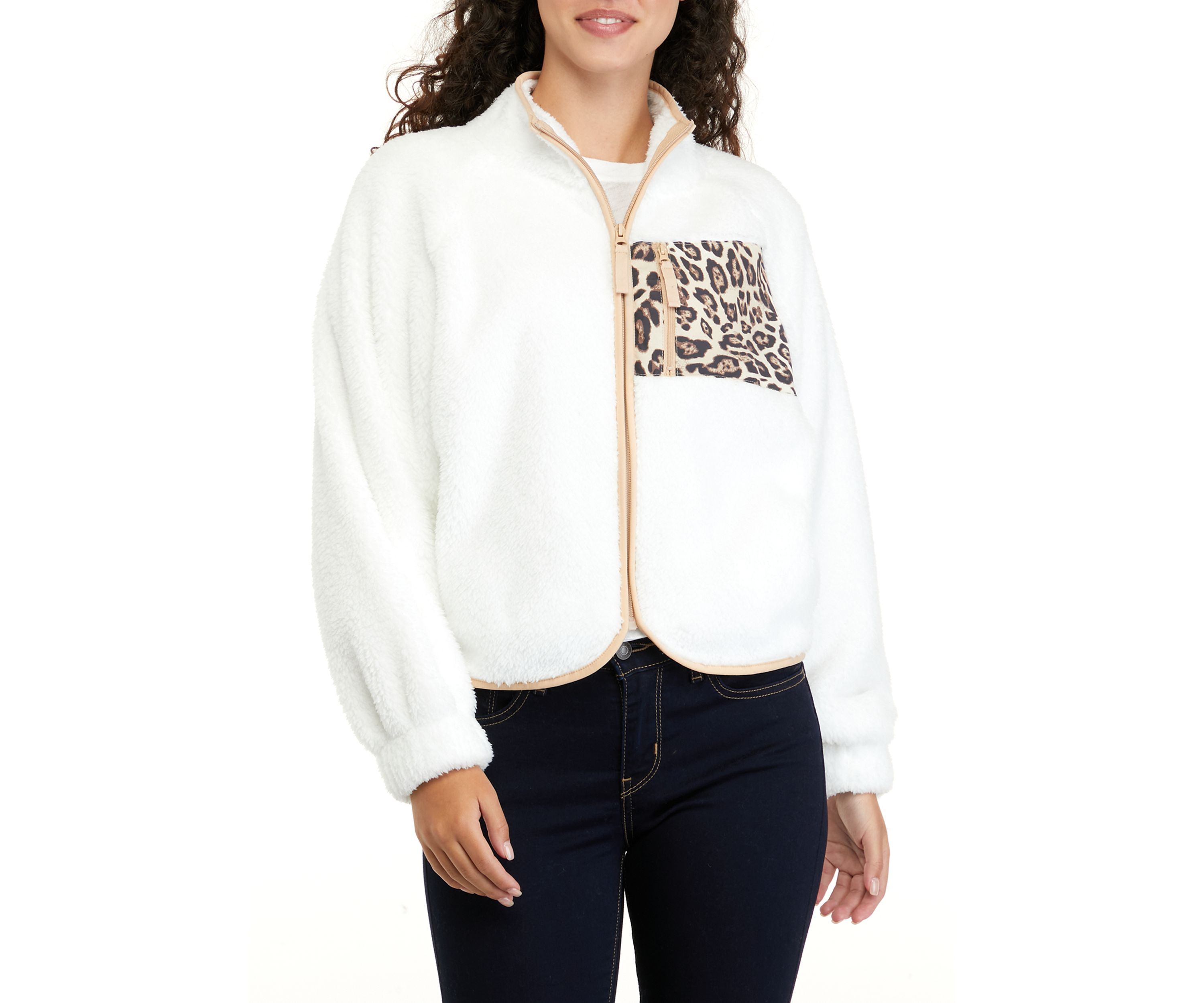Juniors Balloon Sleeve Zip Up Jacket with Printed Pocket