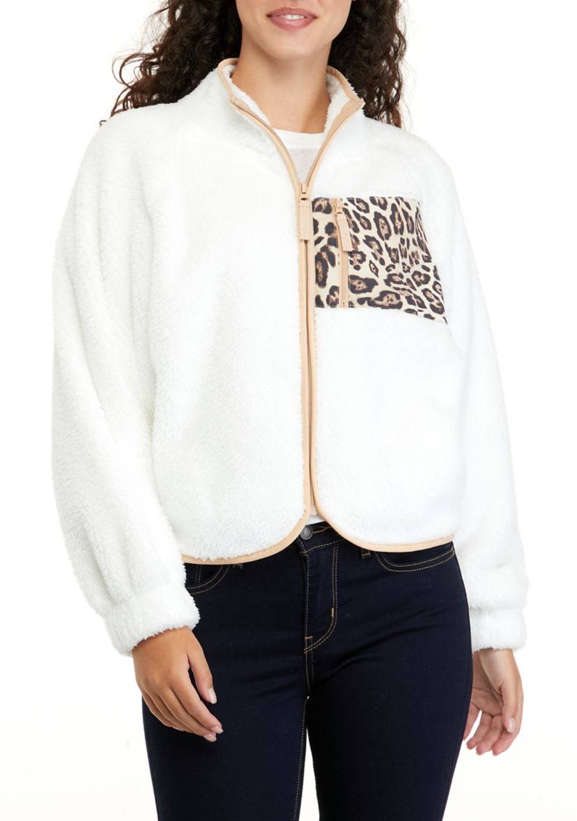 Juniors Balloon Sleeve Zip Up Jacket with Printed Pocket