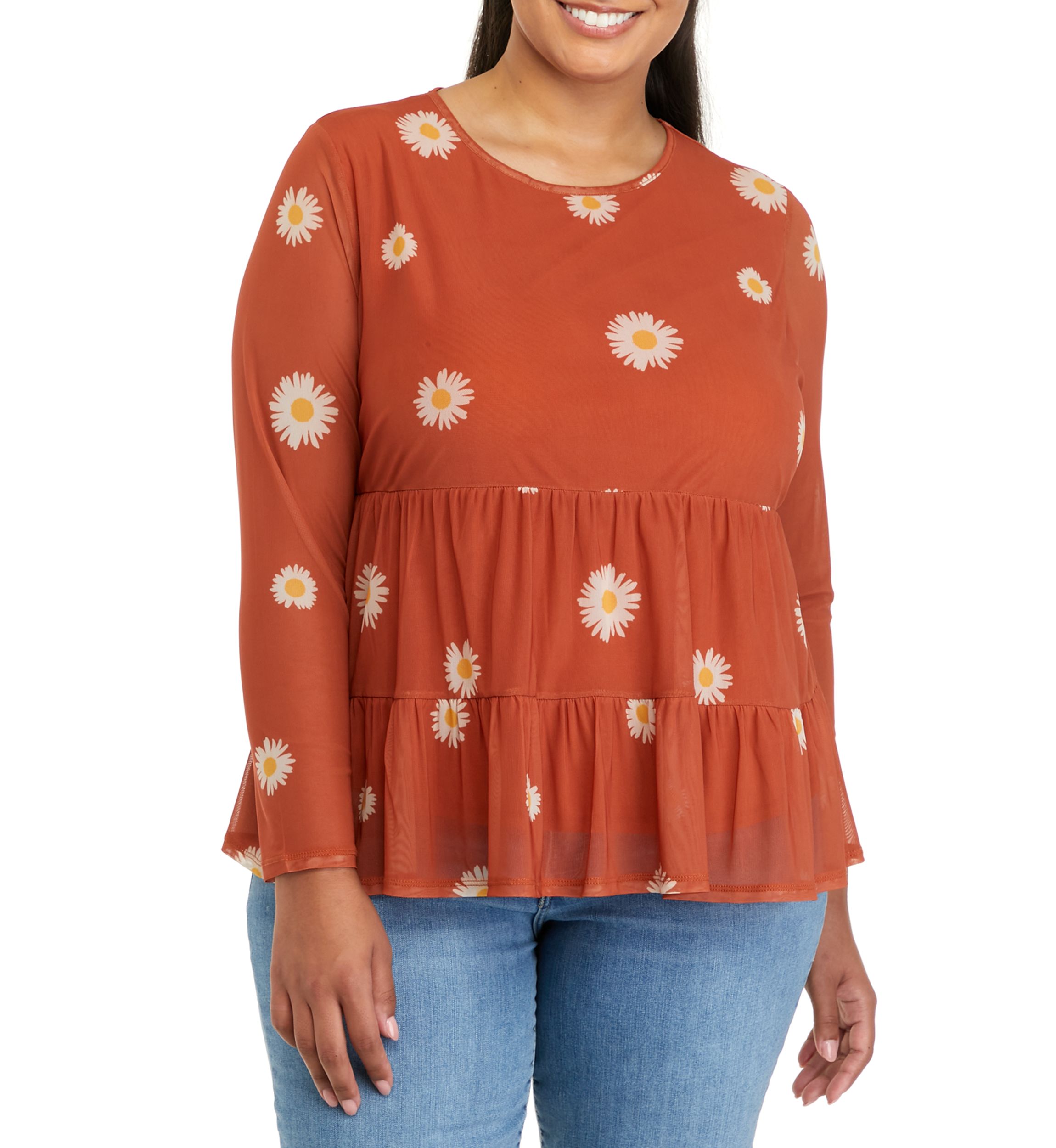 Plus Size Long Sleeve Mesh Babydoll Top