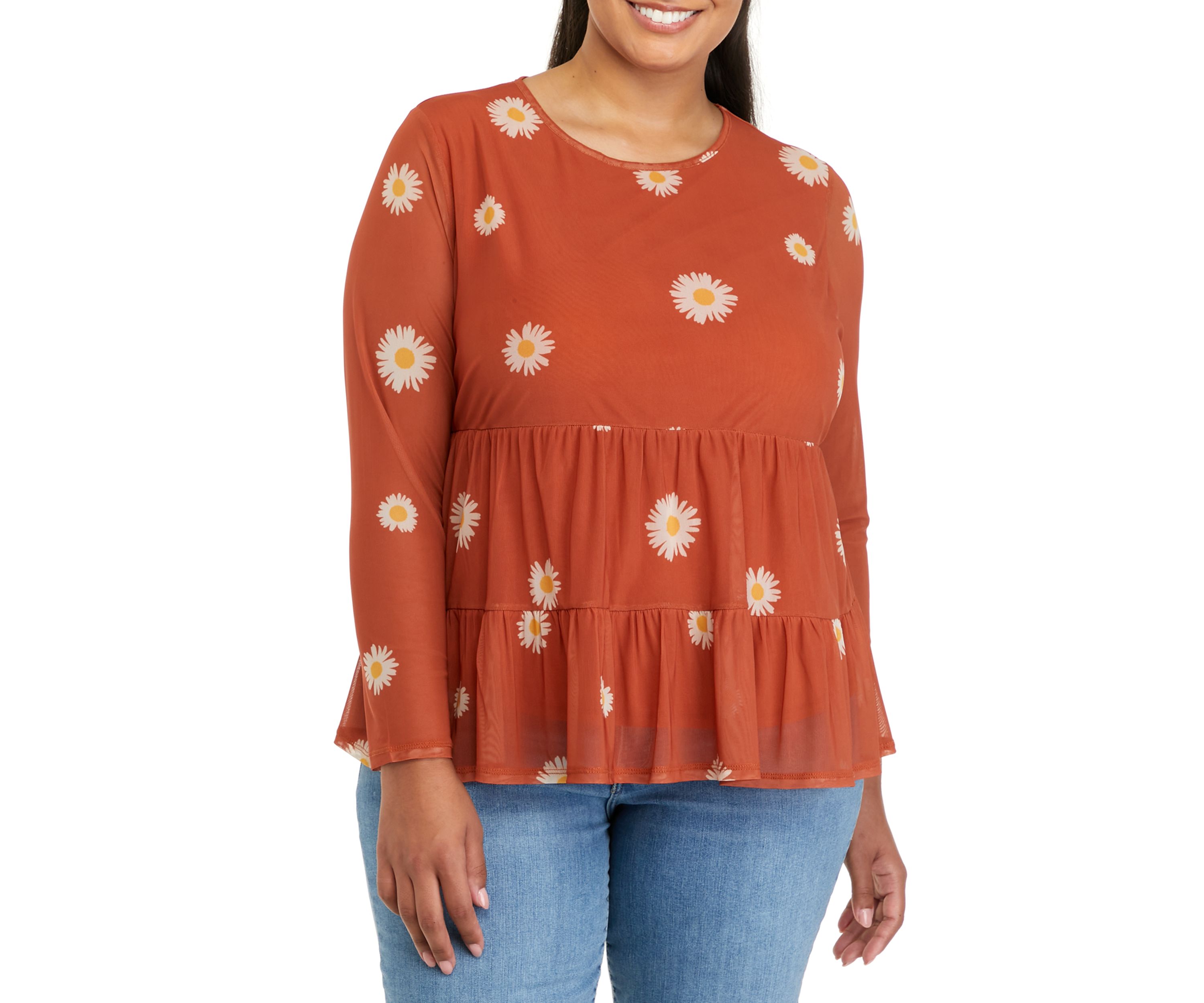 Plus Size Long Sleeve Mesh Babydoll Top