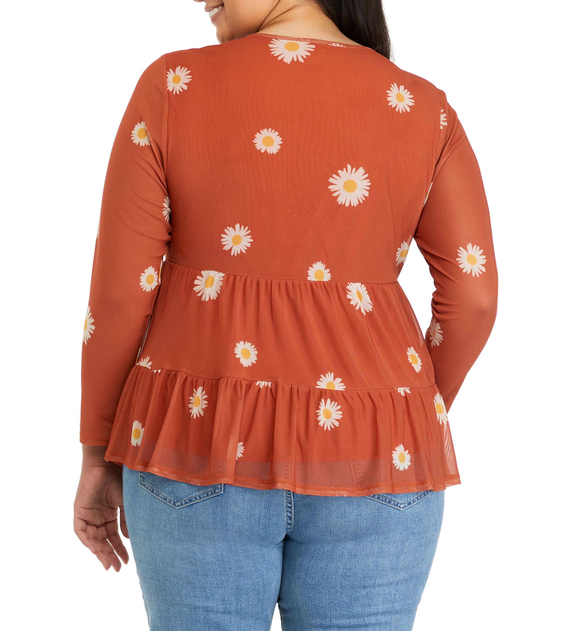 Plus Size Long Sleeve Mesh Babydoll Top