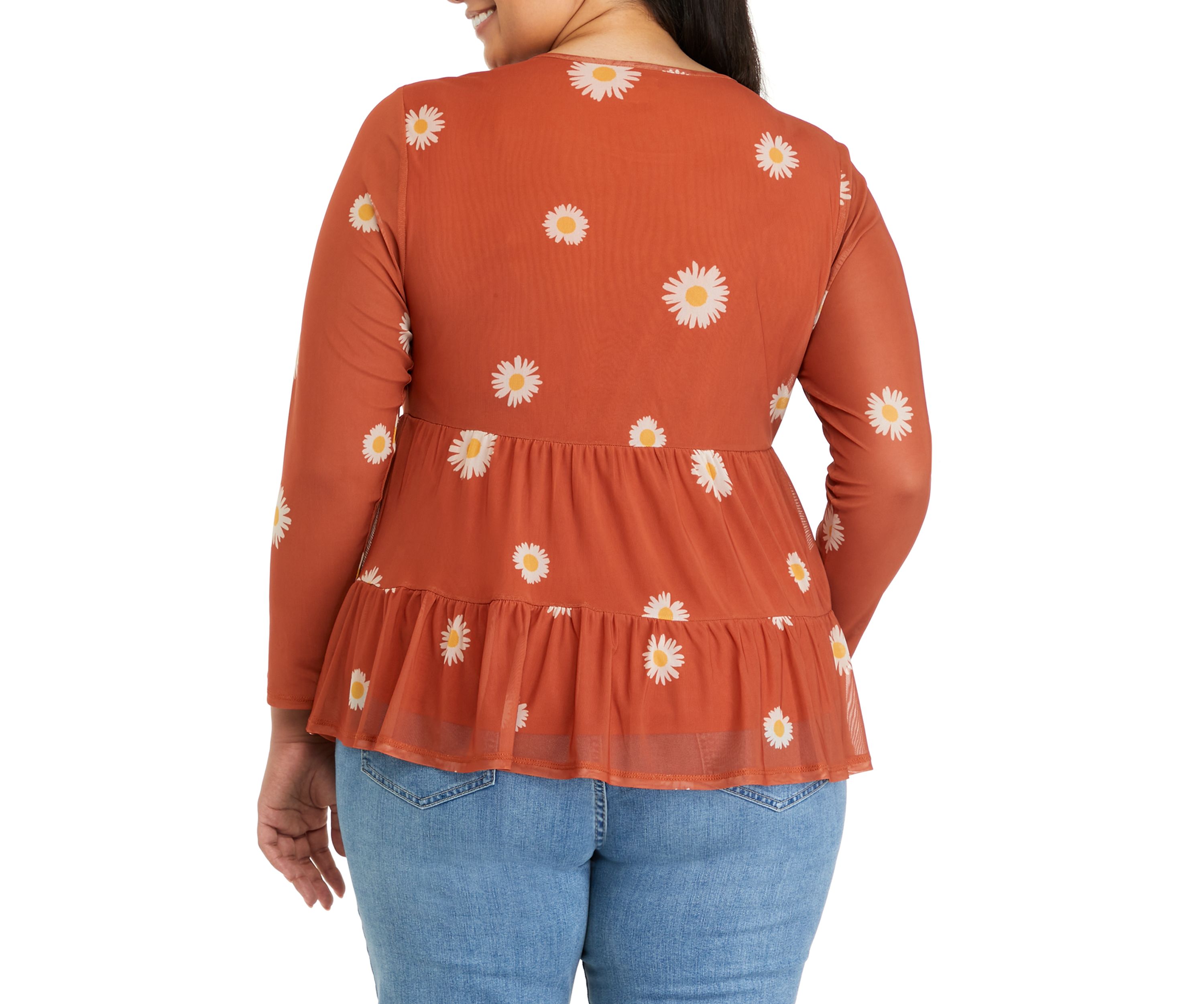 Plus Size Long Sleeve Mesh Babydoll Top